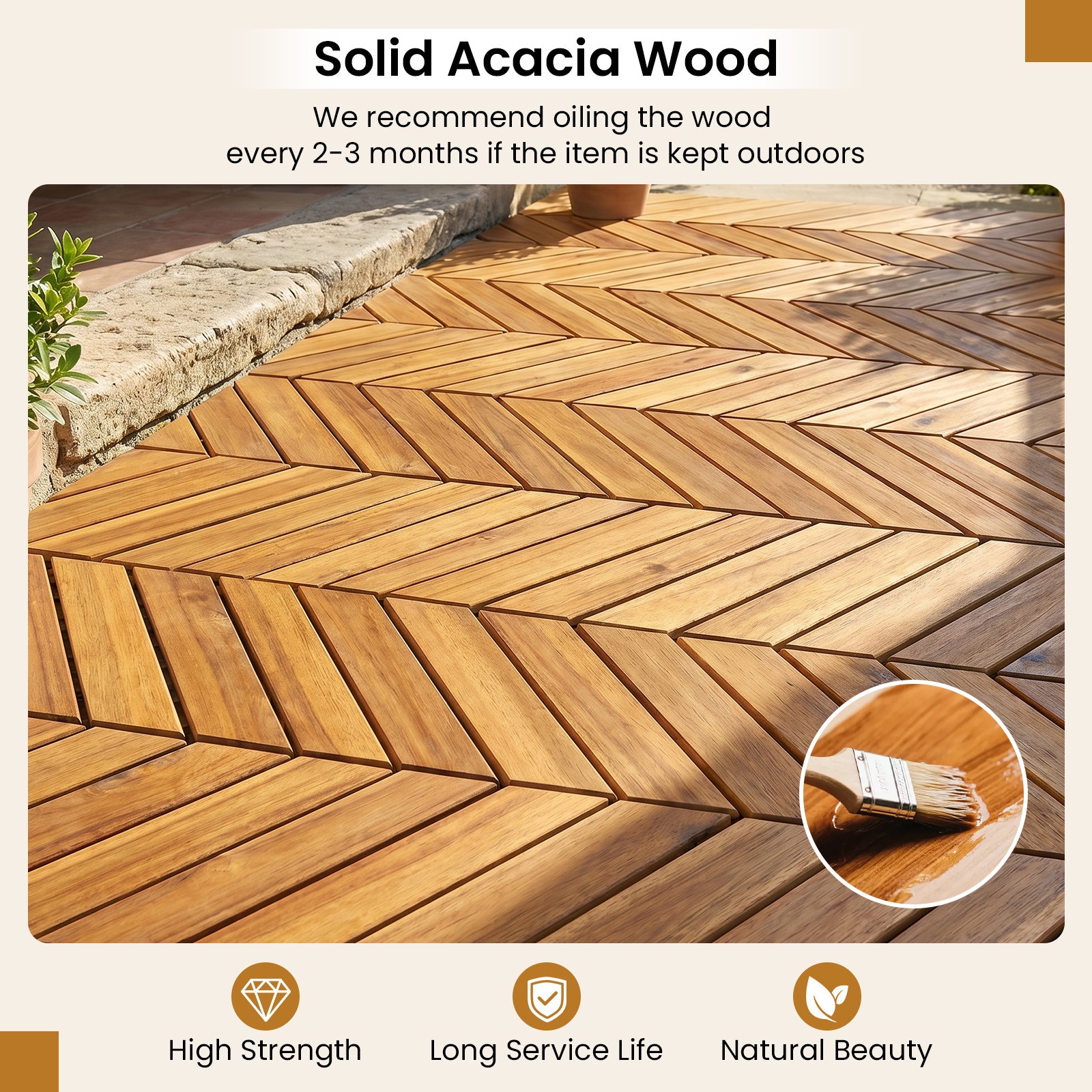 Acacia Wood Interlocking Deck Tiles 30 PCS Waterproof Flooring TilesNatural