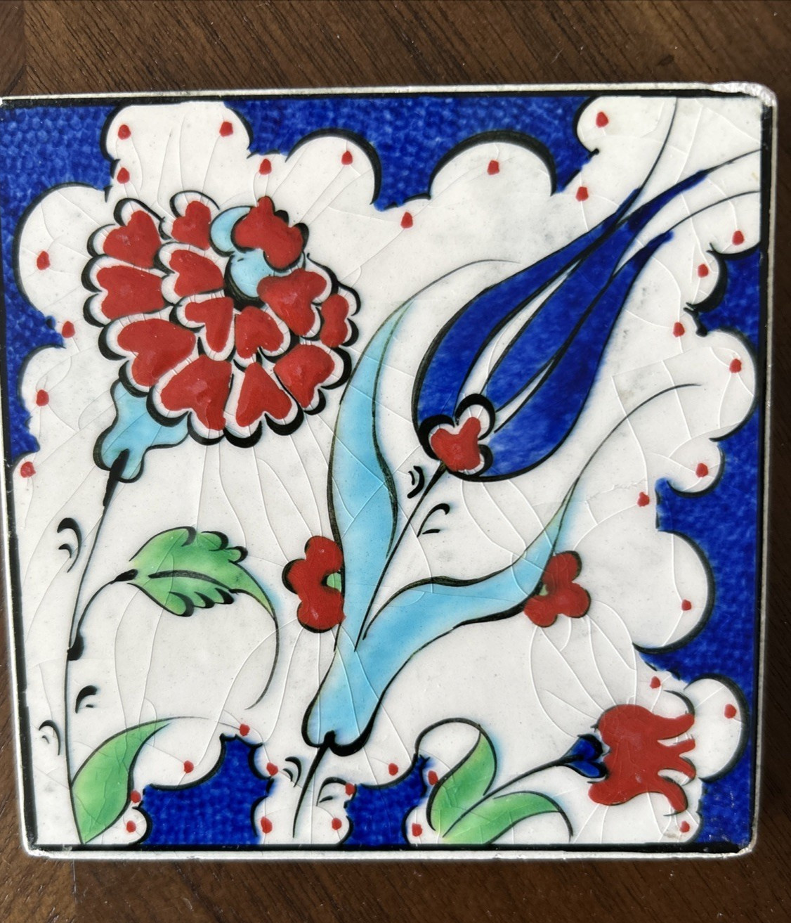 Set of 4 Handmade Turkish Ceramic Tiles Iznik Kütahya Floral Bird Blue Red 4×4”