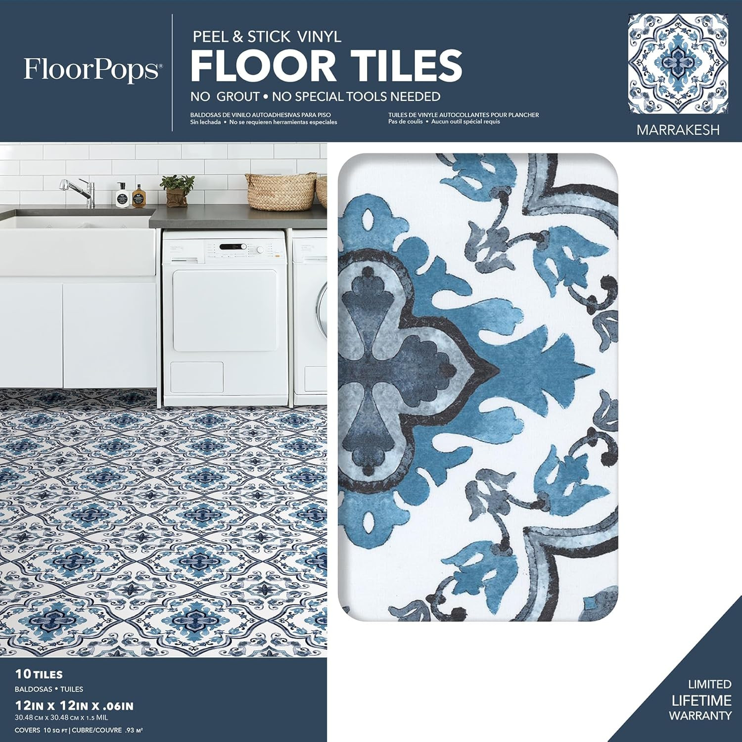 Marrakesh Peel and Stick Floor Tiles, Blue, Floral Vinyl Floor Tiles, Water Resi