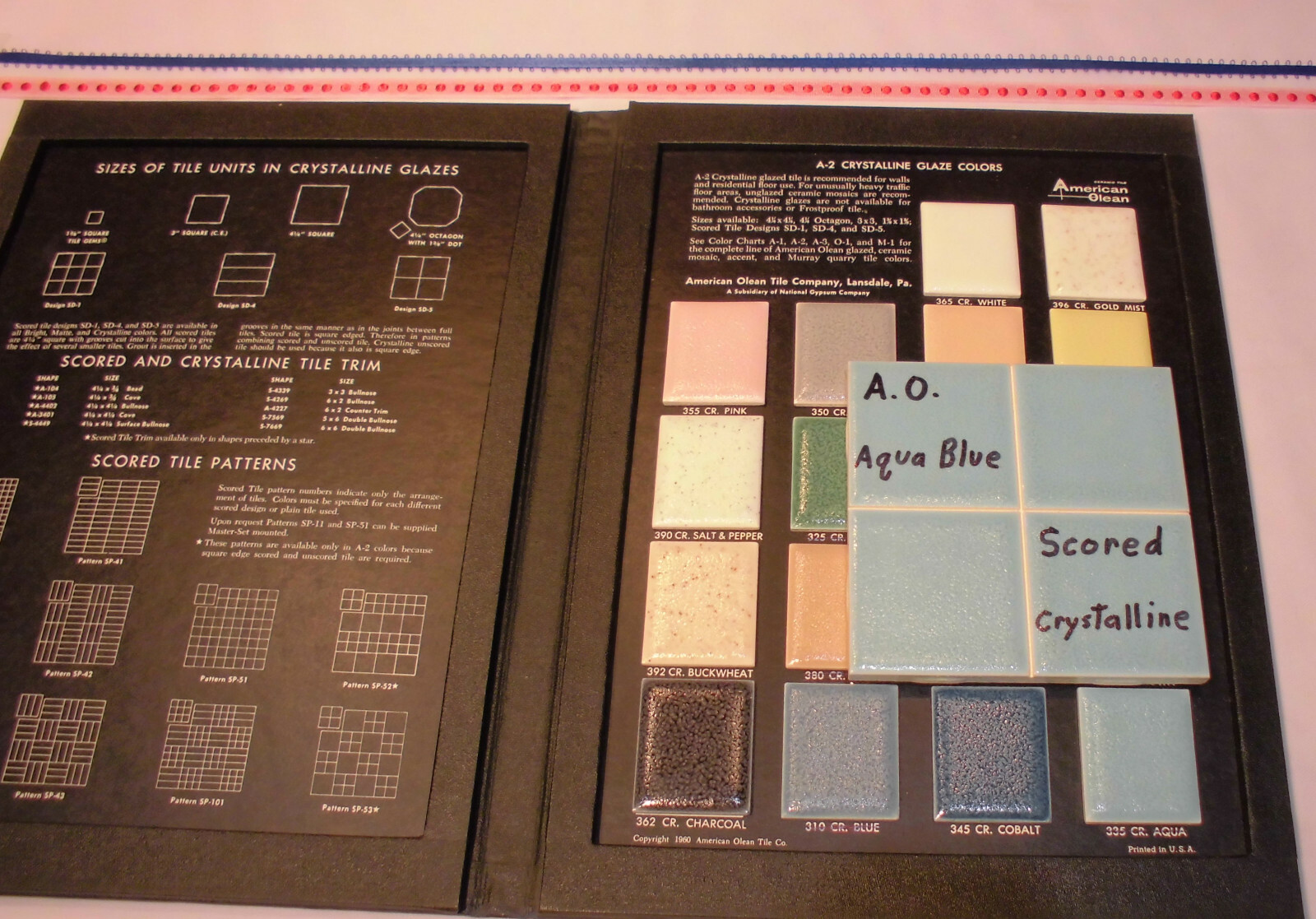 1 pc. *Aqua Blue* 4-1/4″ Ceramic Tile; Scored Crystalline by American Olean NOS