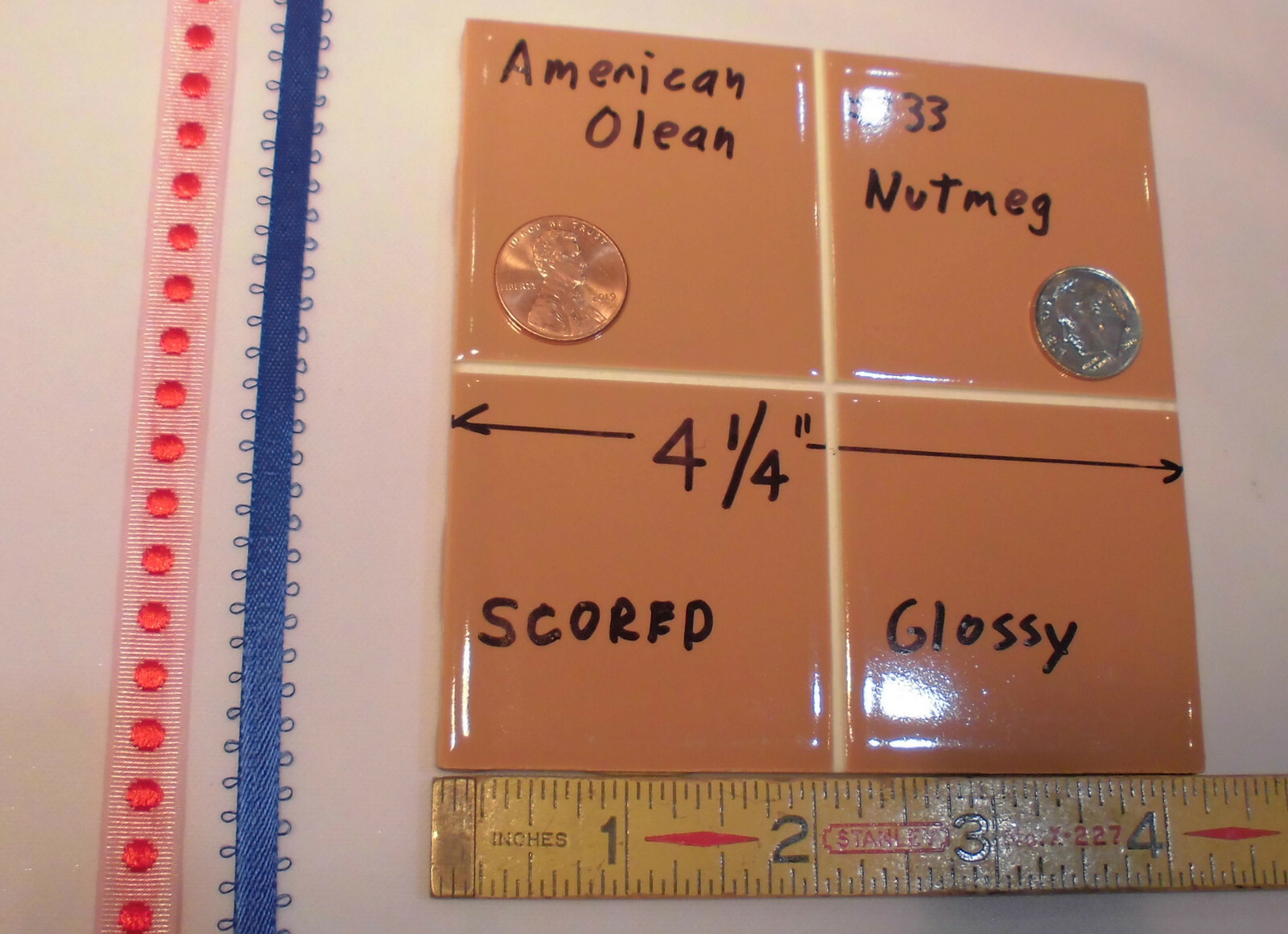 1 pc. *Brown-Nutmeg* 4-1/4″ Scored Glossy Ceramic Tile: by American Olean: NOS
