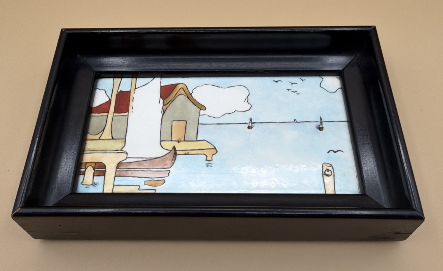 Framed Ceramic Tile Wall Art Coastal Harbor Scene Hand Painted Signed Plaque