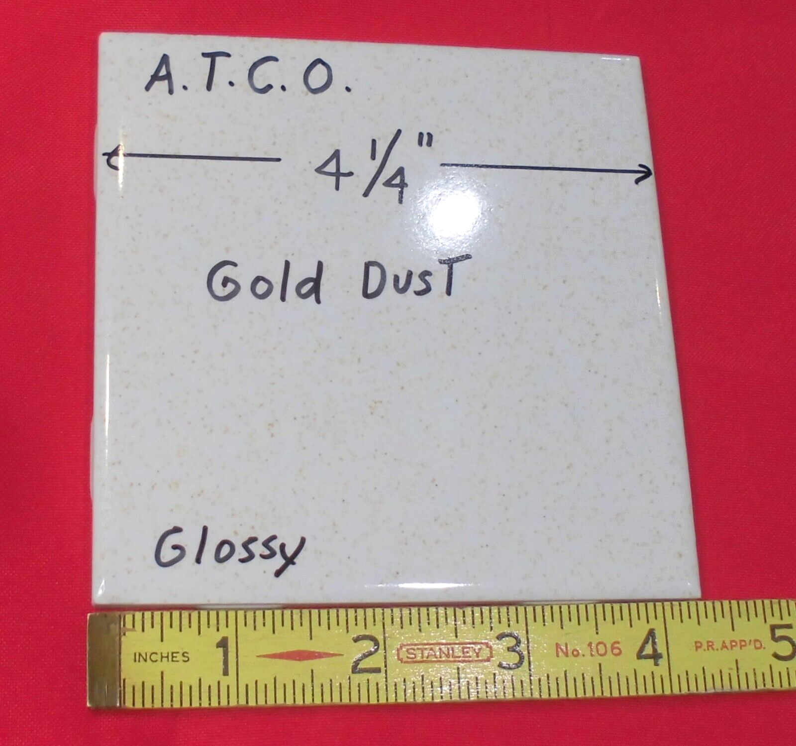 1 pc. *Gold Dust* 4-1/4″ Glossy Ceramic Tile: by A.T.C.O. white + gold specks