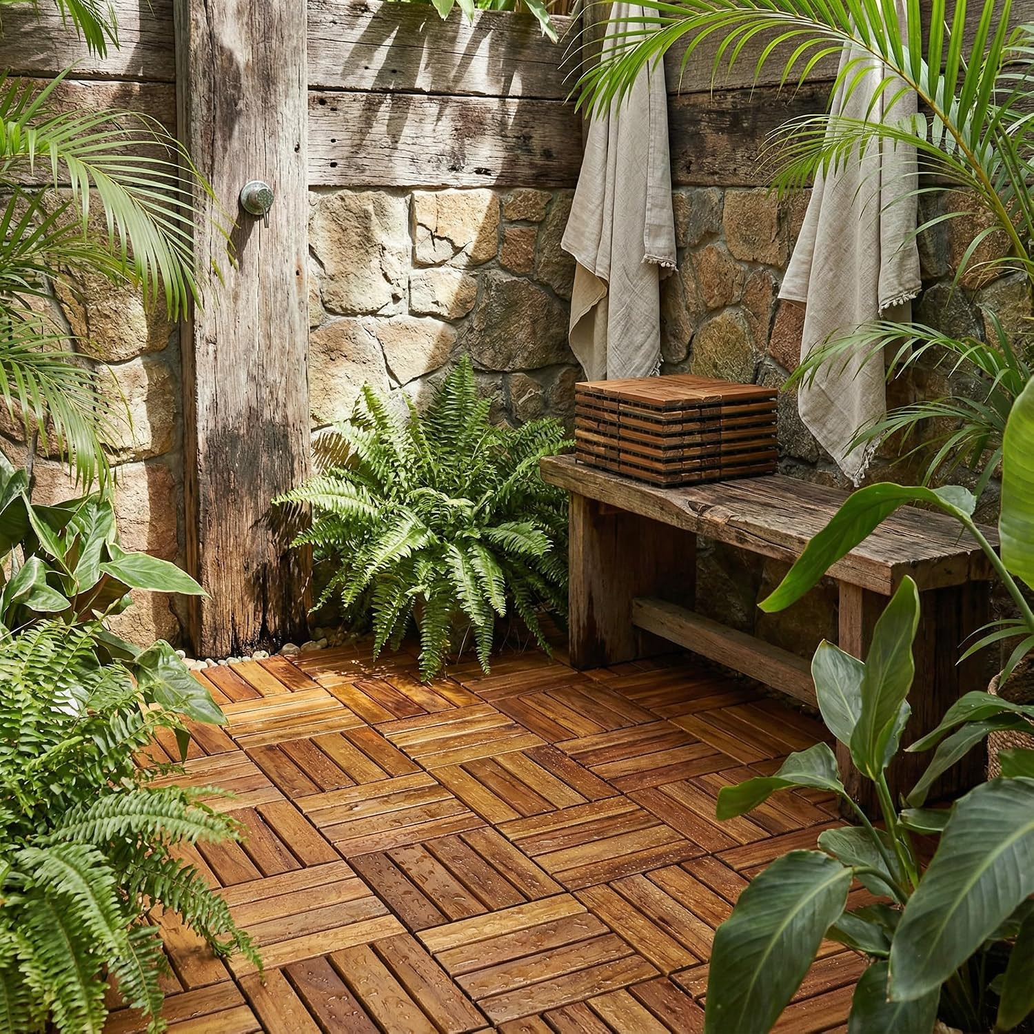 BARE-WF2009 Solid Teak Wood Interlocking Flooring Tiles (Pack of 10), 12″ X 12″,