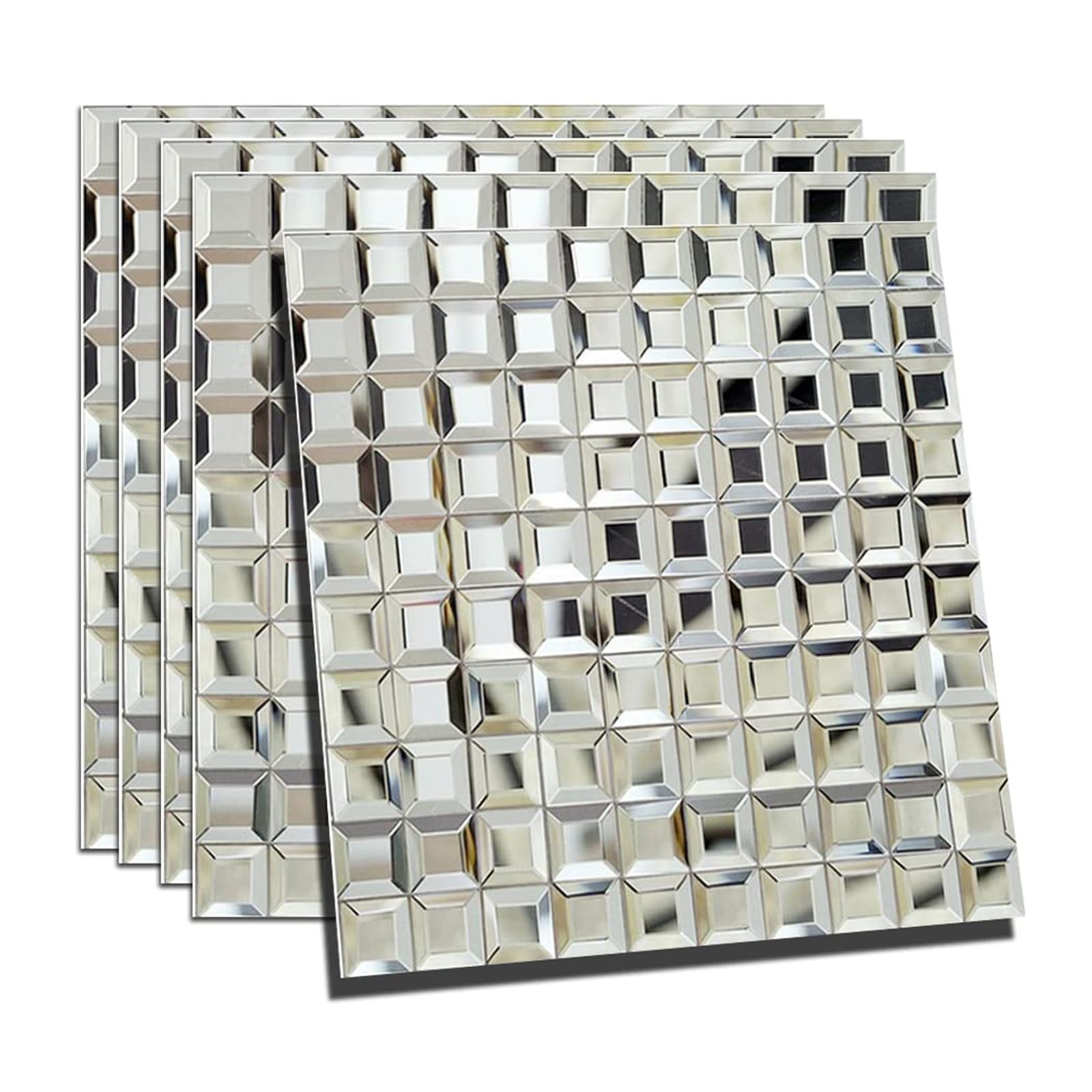 Beveled Silver Mirror Glass Mosaic Tile 12×12 Inch Backsplash – 5 Sheets for Kit