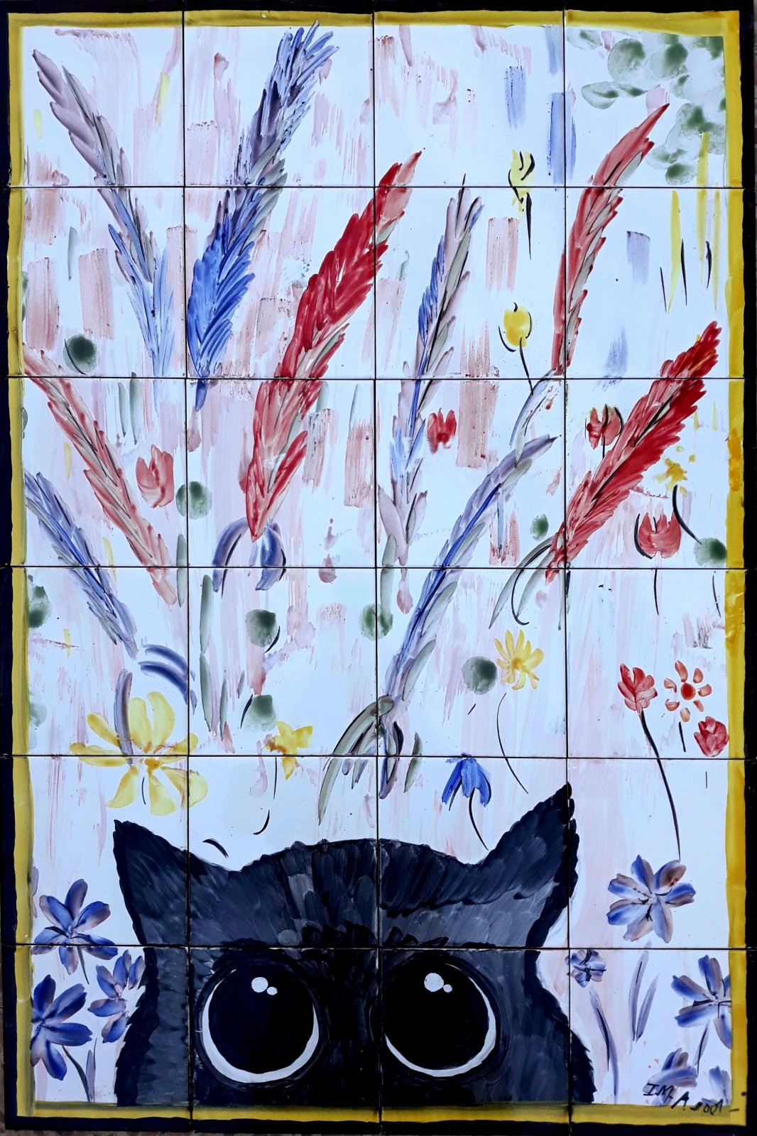 Collector Mosaic, Curious Cat Art, Novelty Wall Decor, One of a Kind Backsplash