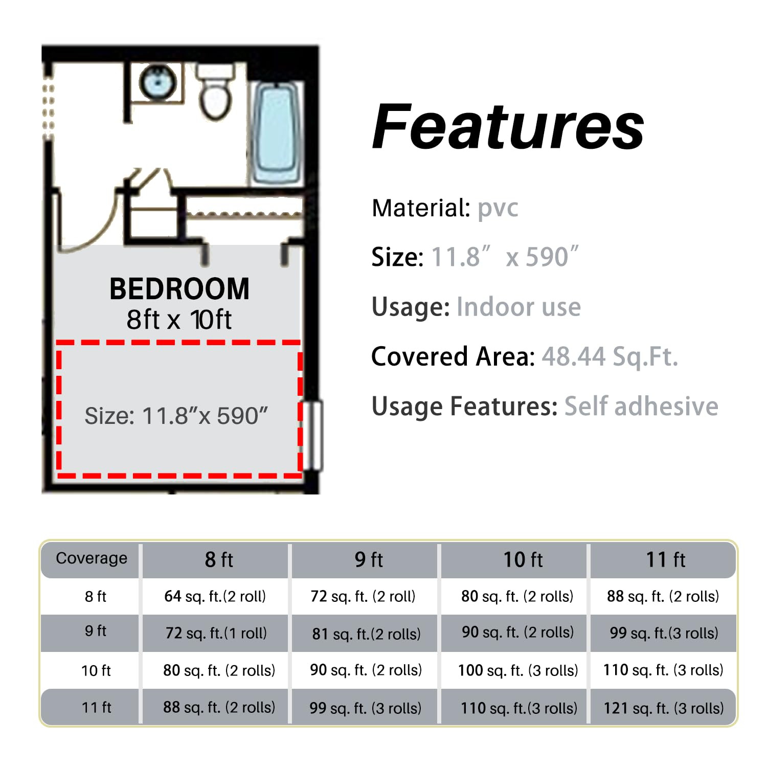 Peel and Stick Vinyl Flooring Roll 11.8″ Width, Length 590″ Waterproof and Non-S