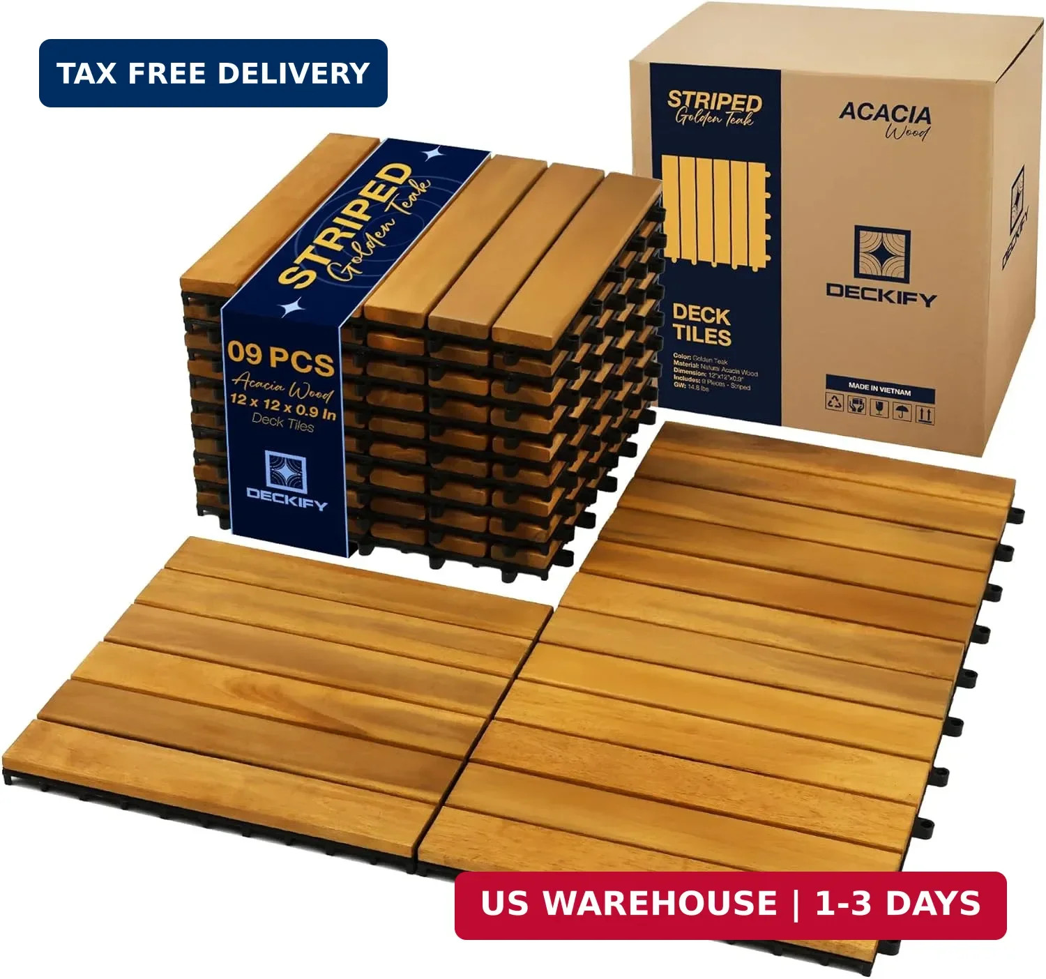 9Pcs Premium Acacia Wood Interlocking Patio Deck Tiles, 12 x 12 x 0.9 Inch Outdo