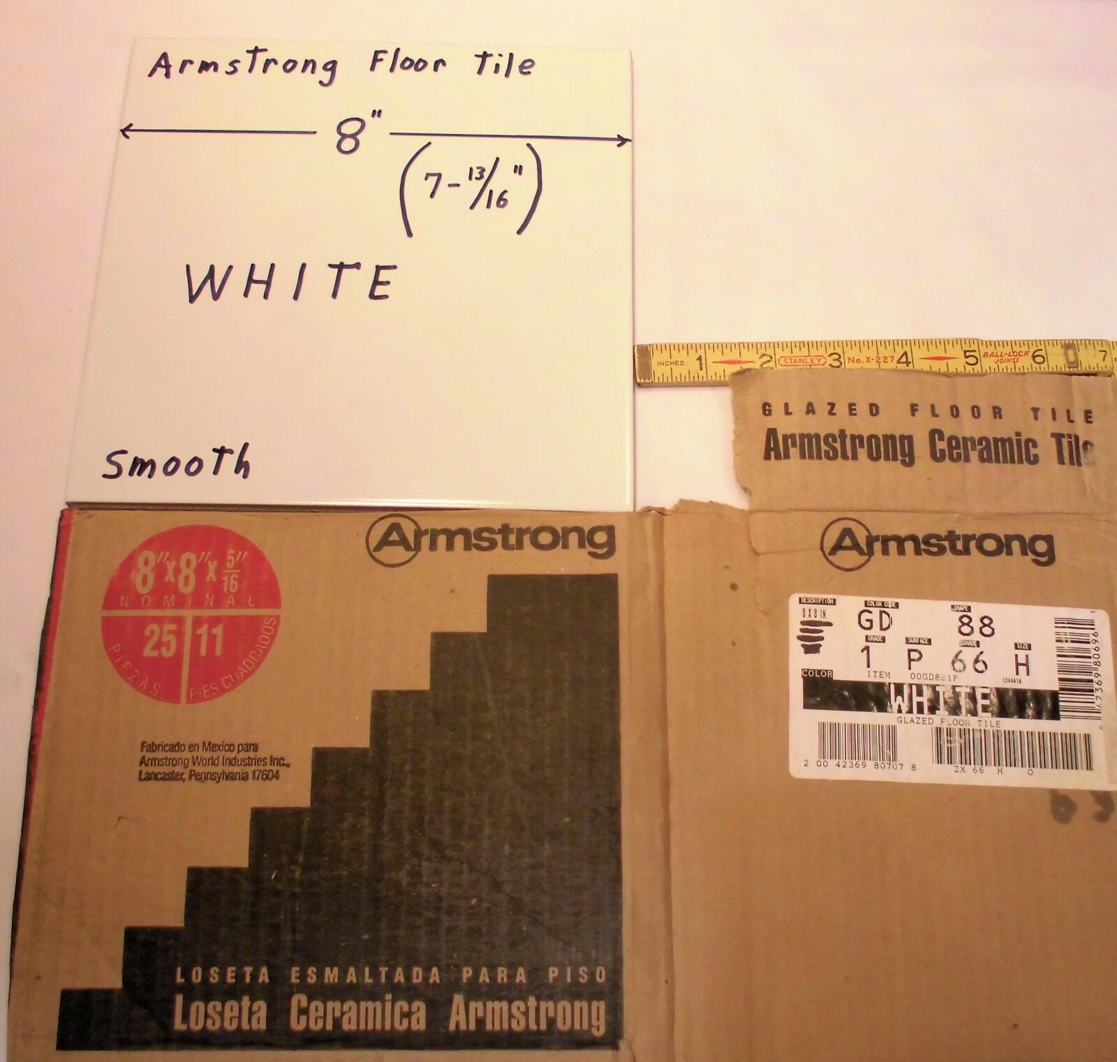 1 pc. Bright White* Ceramic Floor Tile 8″ X 8″ by Armstrong Co. Smooth NEW