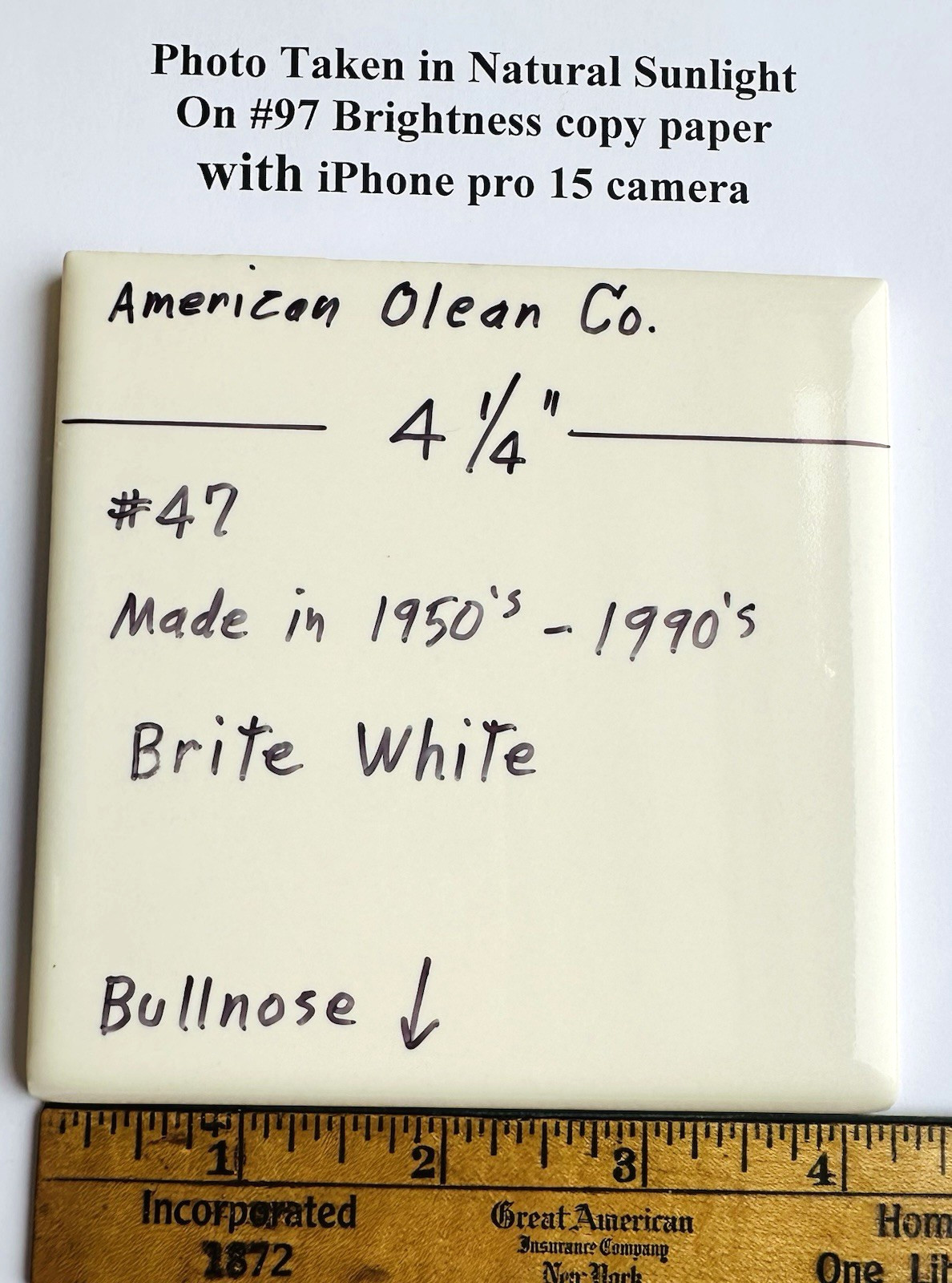 1 pc. Brite Gloss White #47: 4-1/4″ Ceramic Bullnose Tile by American Olean