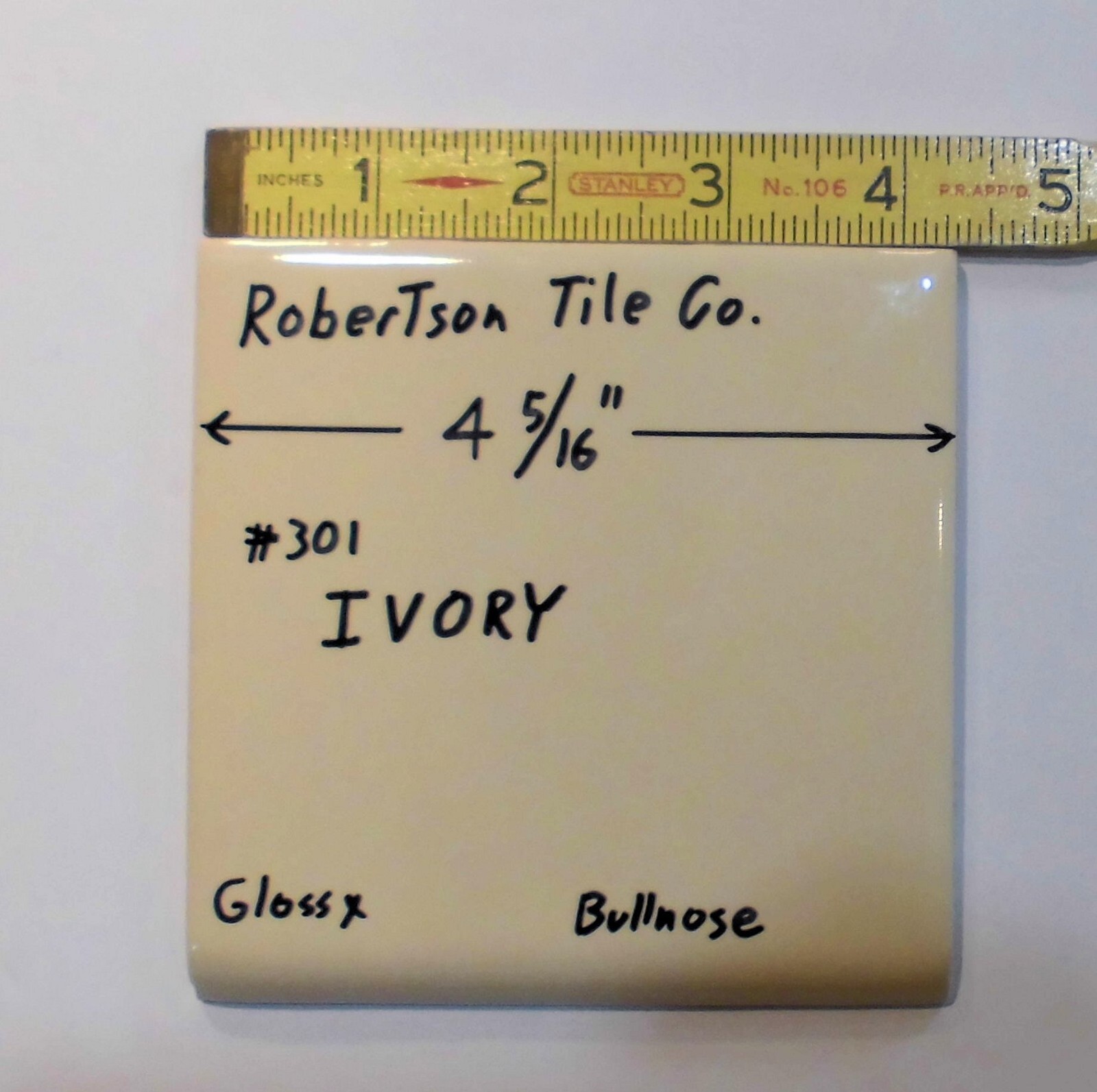 1 pc. Glossy Ceramic Bullnose Tile *Ivory* 4-5/16″ By Robertson Tile Co. New