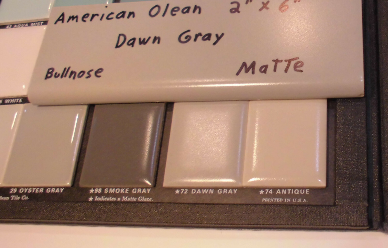 1 pc. Vintage Matt Ceramic Bullnose Tile 2” X 6” Dawn Gray; by American Olean