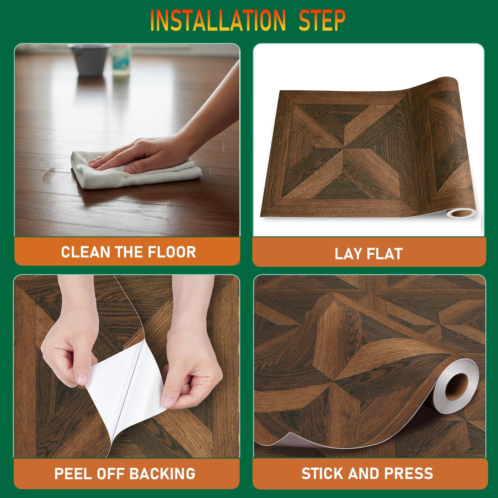 Brown Wood Look Peel and Stick Vinyl Flooring Roll Geometric Parquet Floor Co…