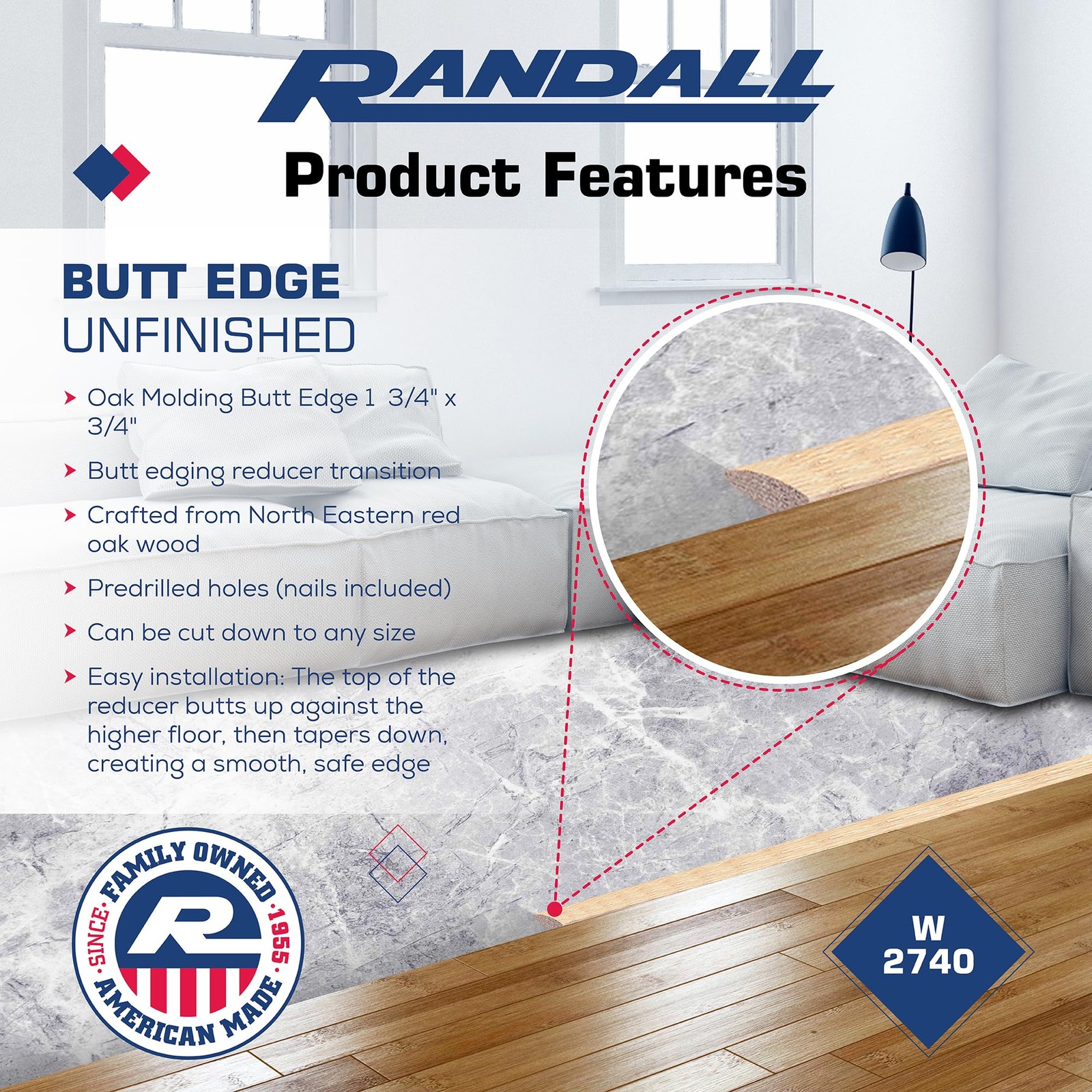 36″ Red Oak Butt Edging/Reducer – 3/4″ Thick x 1-3/4″ Wide Unfinished Solid Oak