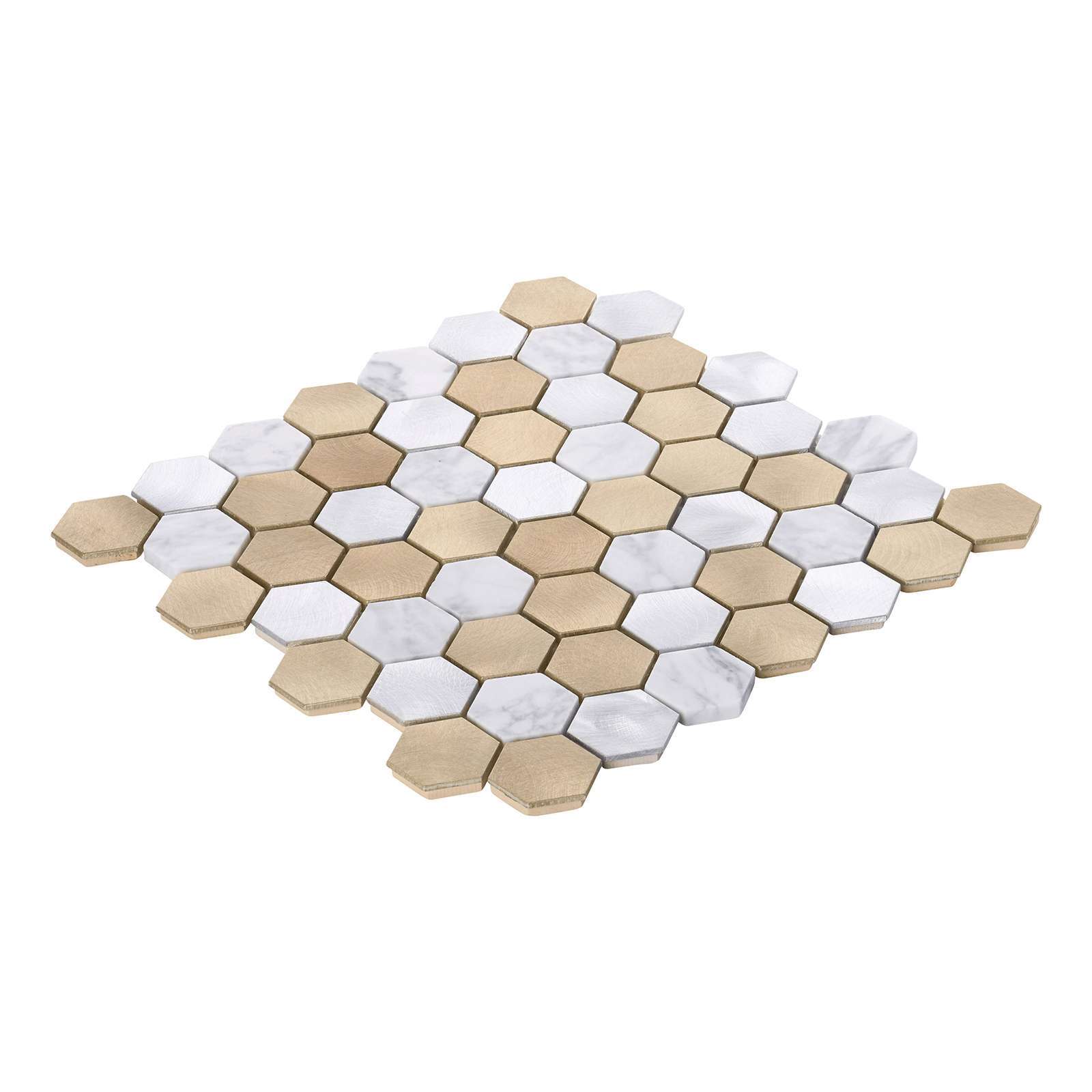 White Calacatta Marble Champagne Gold Metal 1.5″ Hexagon Mosaic Tile Backsplash