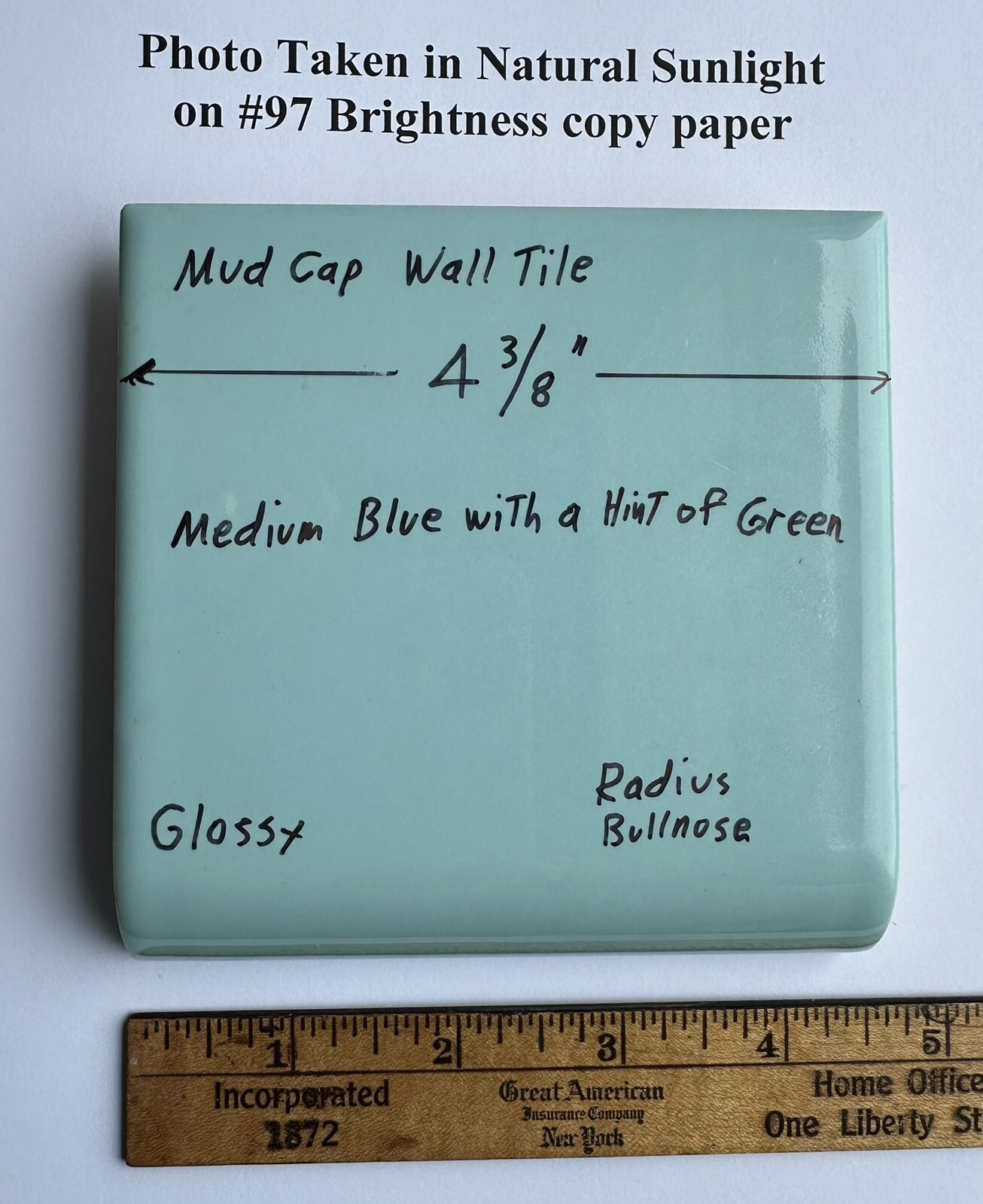 1pc. Blue + hint of green: Radius Bullnose Ceramic Tile 4-3/8″: Glossy, Mud Cap