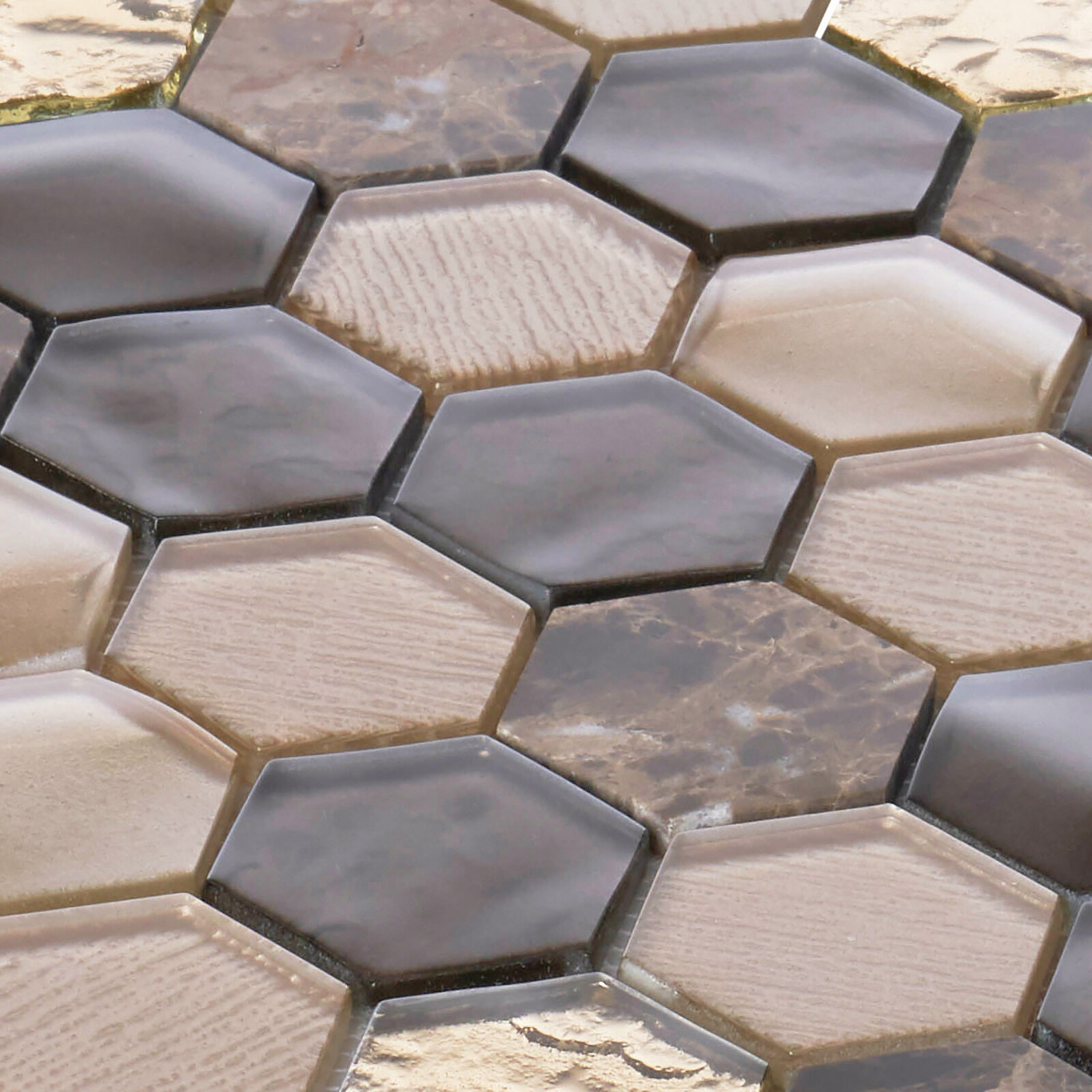 Hexagon Emperador Marble Metallic Brown Gold Beige Glass Mosaic Tile Backsplash
