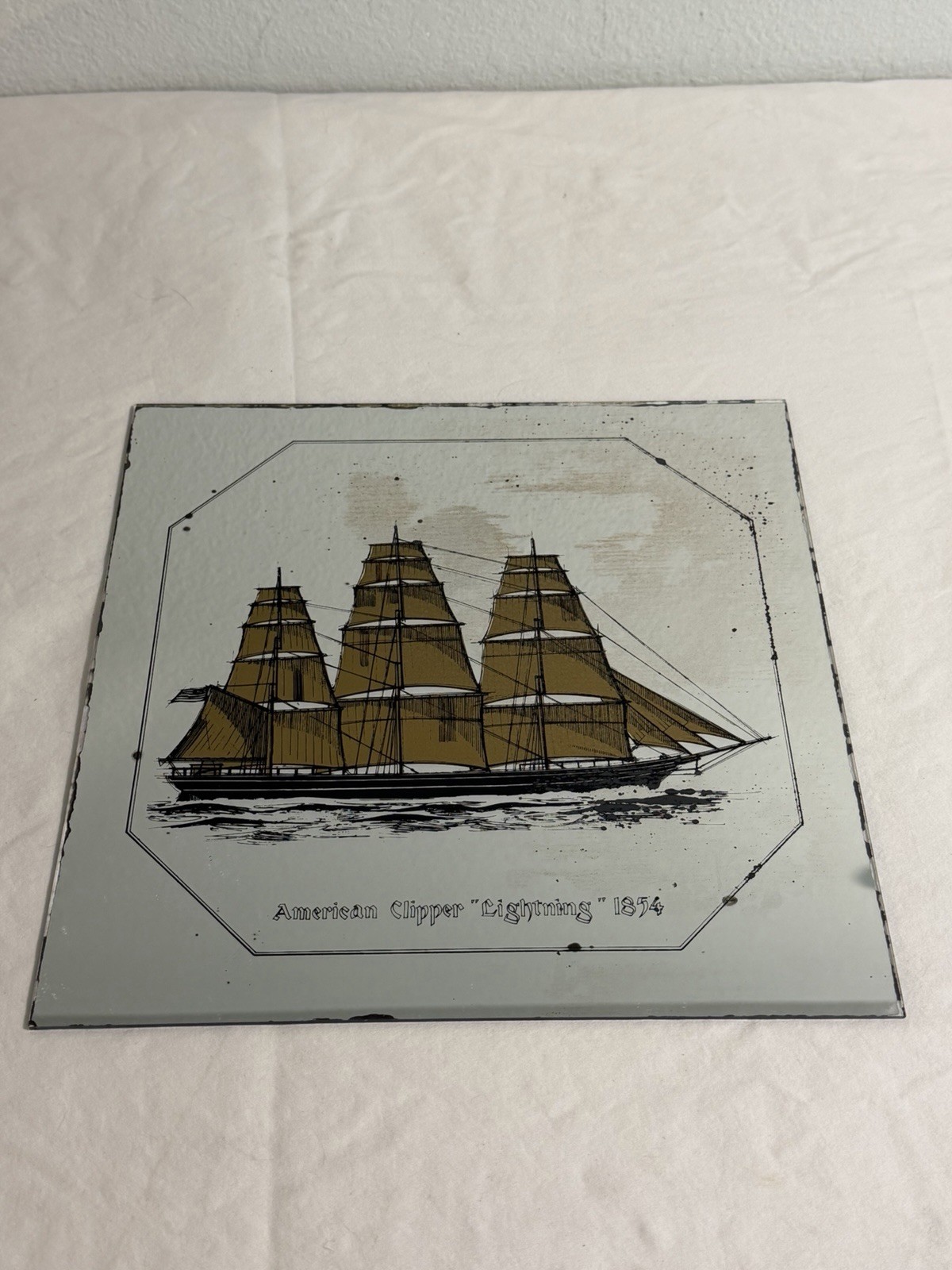 Vintage 70s 80s Mirro-Tile 12×12 Lot Of 6 Antique Gold Ships Viking Mirror Tiles