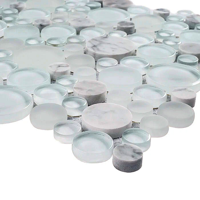 BUBW-02 White Glass And Carrara Bubble Mosaic Tile, 10-1/2″ x 10-1/2″ x 8mm, NEW