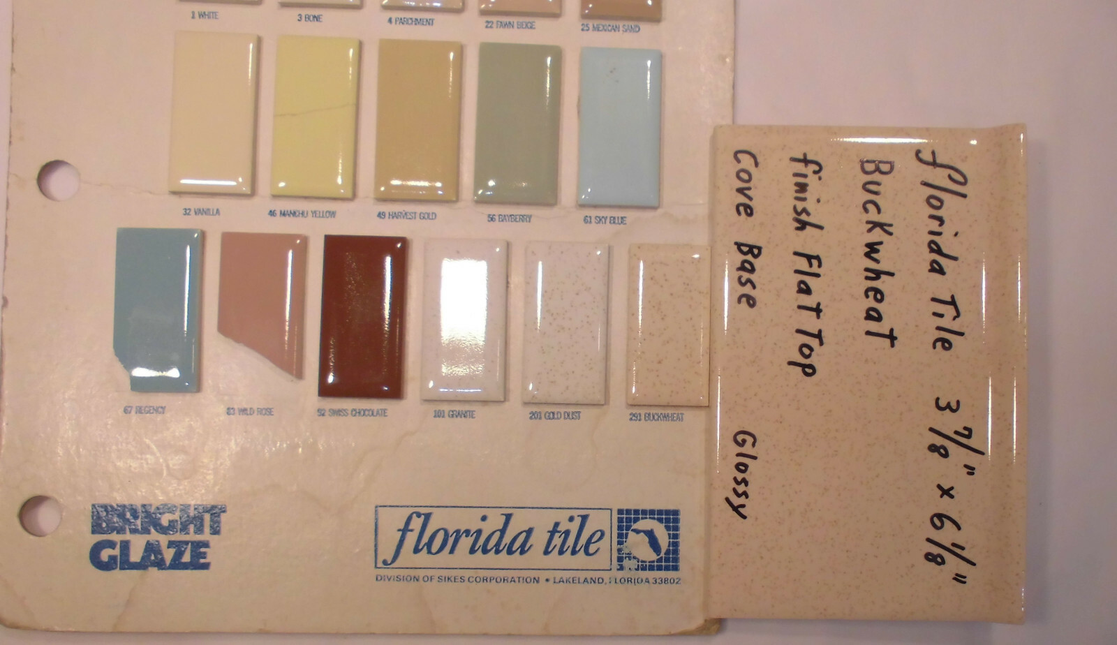 1 pc. Buckwheat 4” X 6” Glossy Ceramic Cove Base Tile by florida Co. Flat Top
