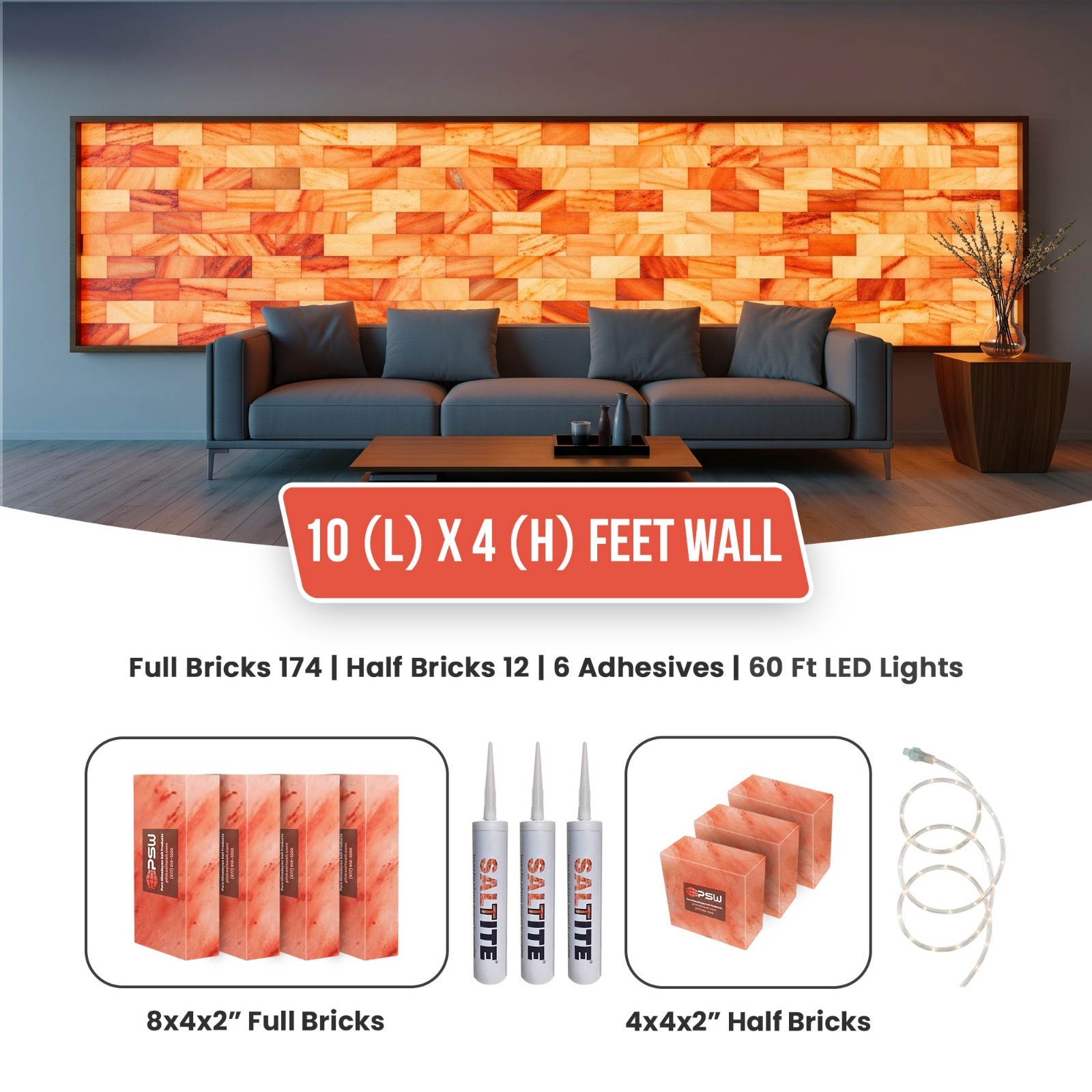 Himalayan Pink Salt Wall Panel Kit 10x4ft Salt Bricks Tiles Spa Sauna LED DIY