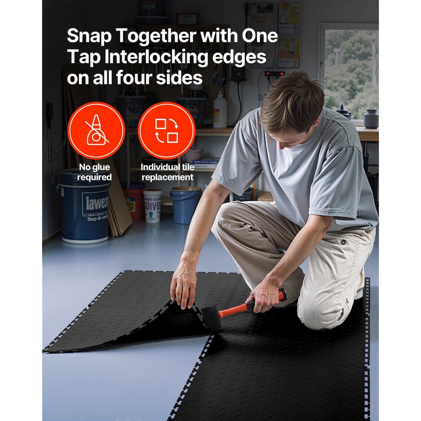Uimoso Interlocking Garage Floor Tiles, 16 Pack, 20.2×20.2×0.2 in, Black PVC