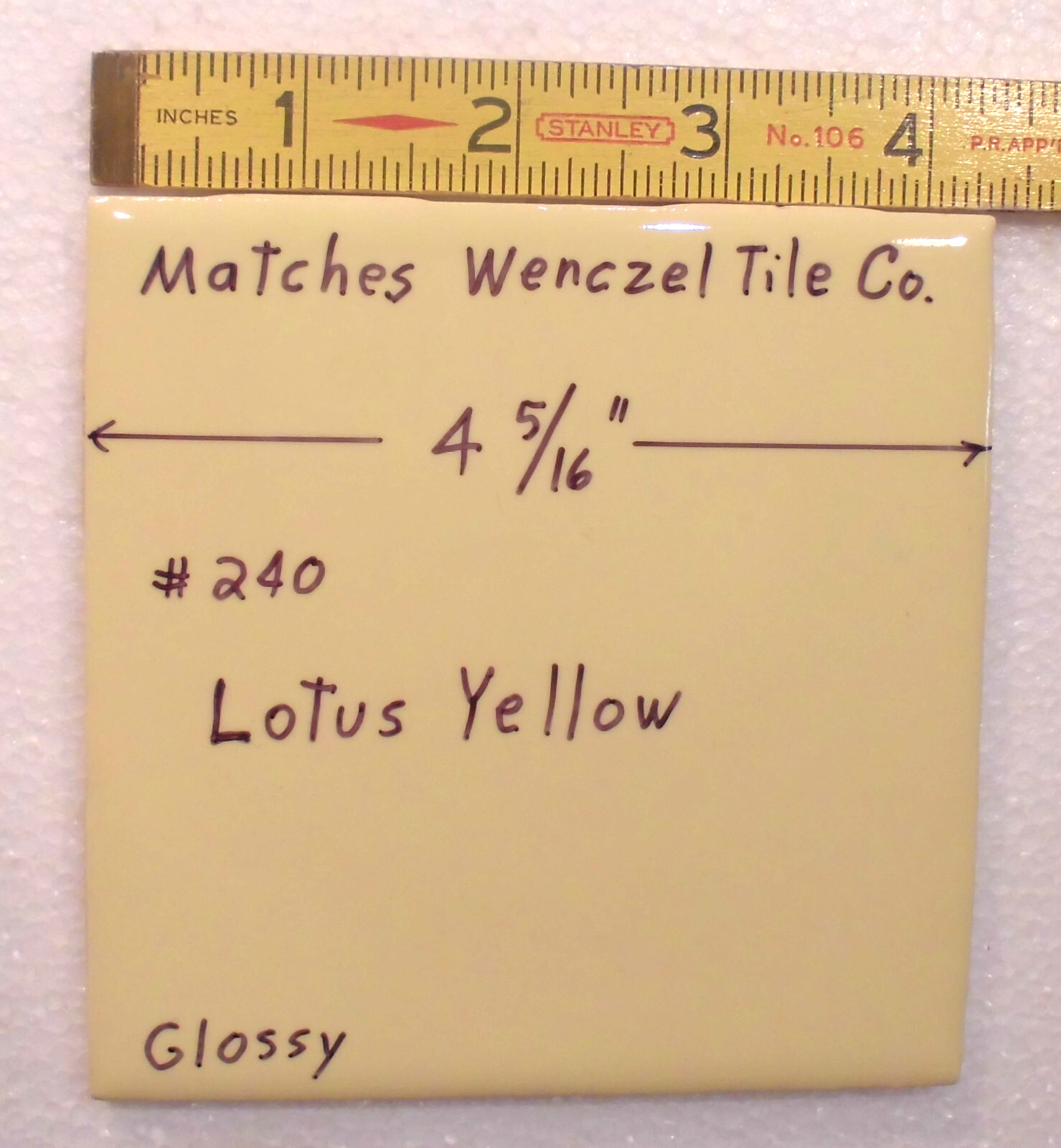 1 pc. Yellow 4-5/16″ Glossy Ceramic Tile: matches Wenczel Co. #240: Lotus Yellow