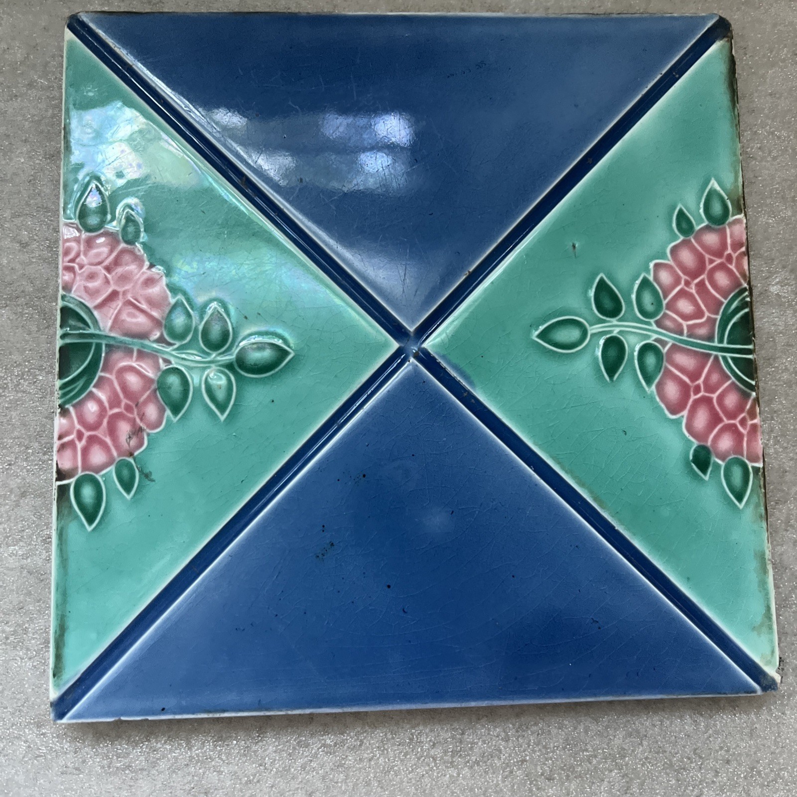 Set of 2 Antique Japanese Majolica Tiles Art Nouveau Geometric Rose Vine 6×6