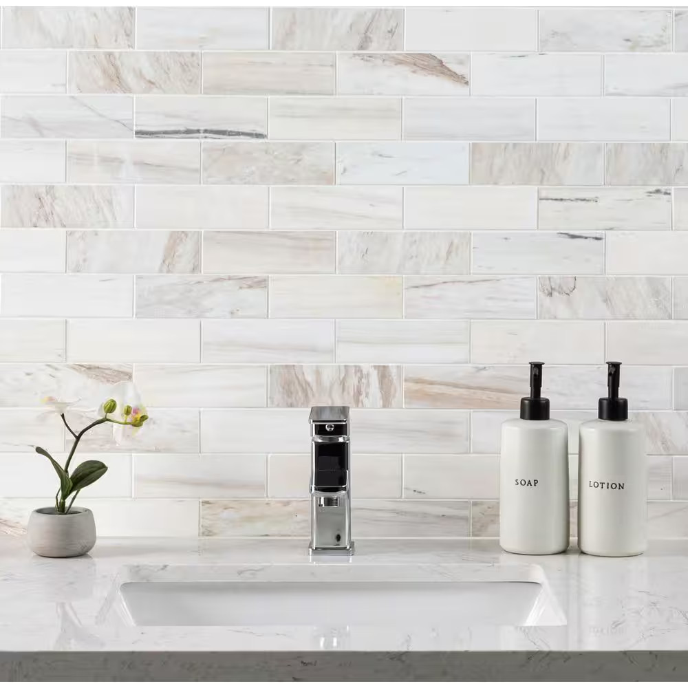 Angora Subway 12 In. X 12 In. X 0.38 In. Polished Marble Mesh-Mounted Mosaic Flo