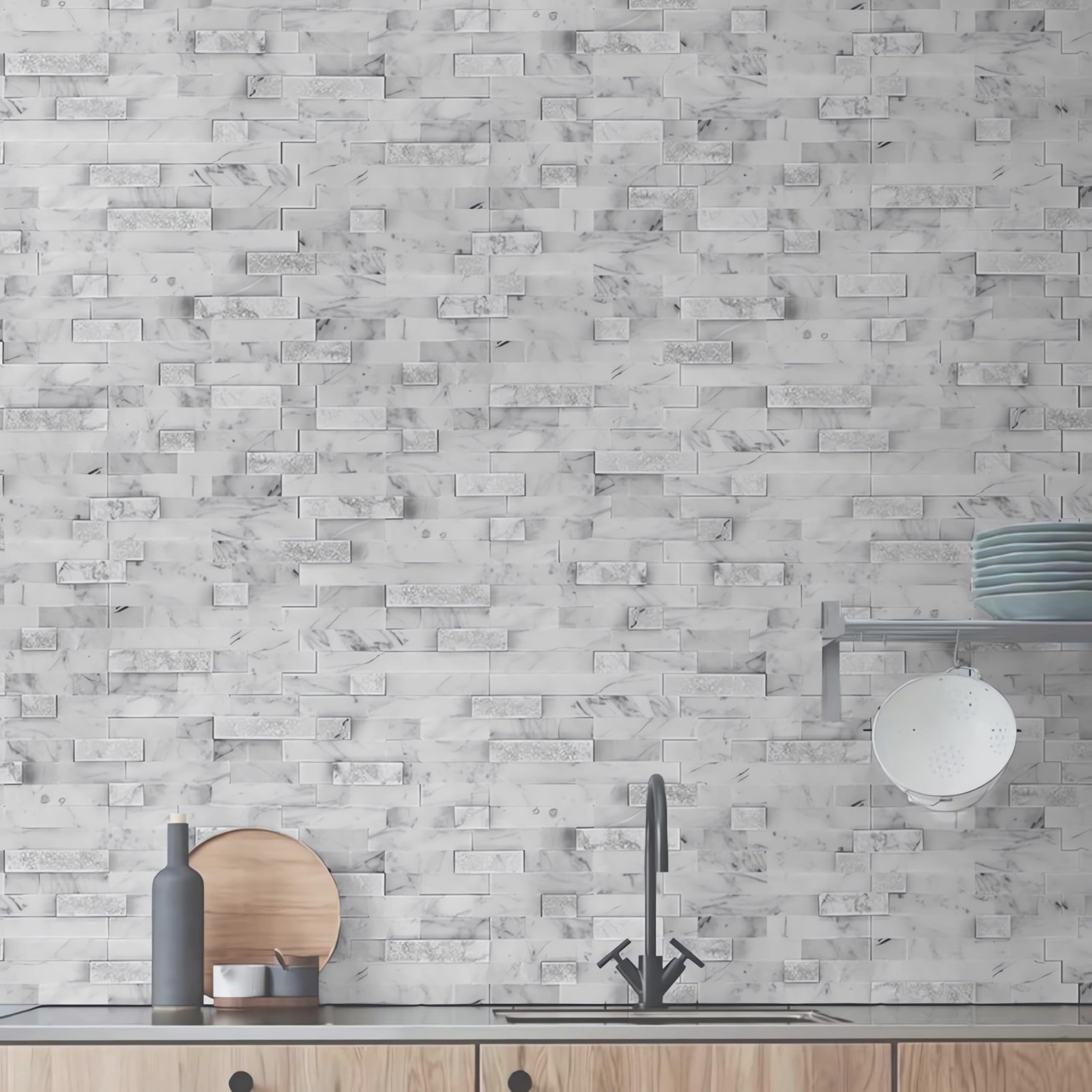 Grout-Free Natural Stone Peel and Stick Backsplash – 5 Sheets 3D Textured Gra…