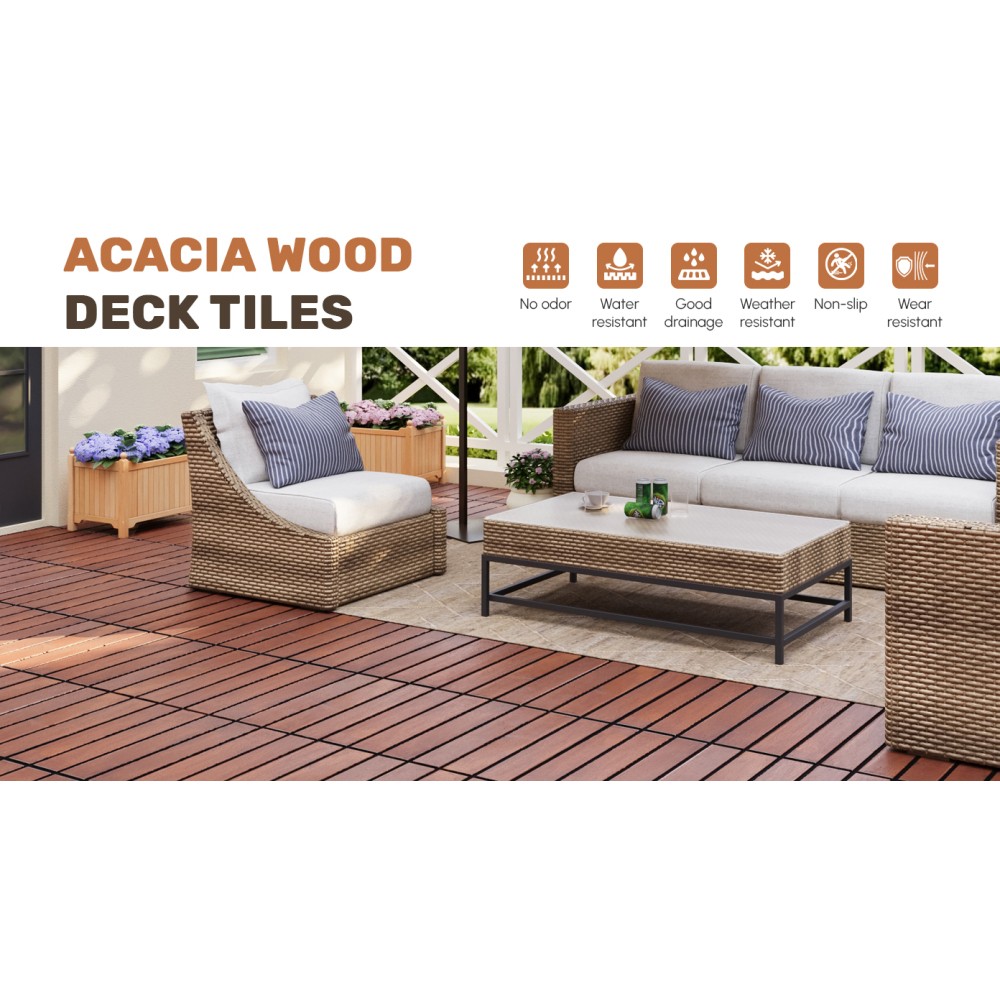 10 PCS Interlocking Deck Tiles Striped Pattern, 12″ x 12″ Square Acacia Hardwood