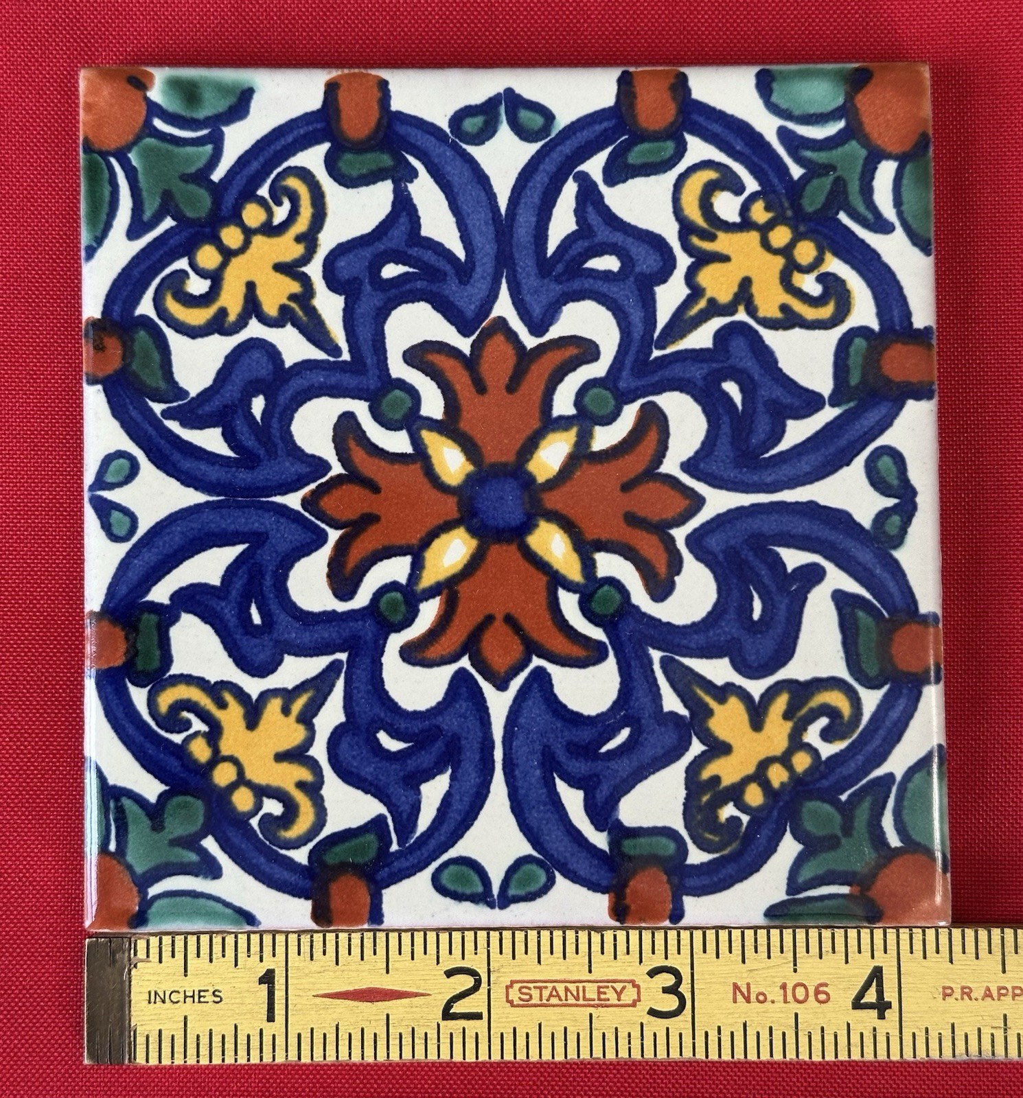 1 pc. 4-1/4″ Glazed Ceramic Tile, Colorful Spanish-Style Floral Medallion, red