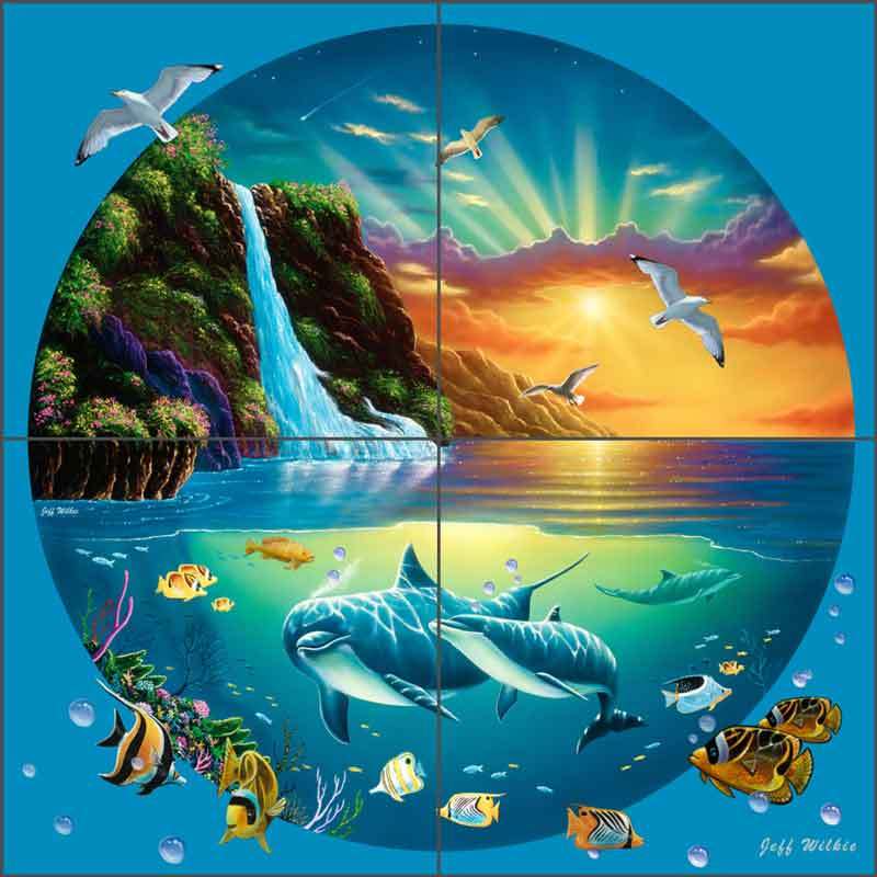 Tropical Tile Backsplash Jeff Wilkie Waterfall Dolphin Ceramic Mural POV-JWA037