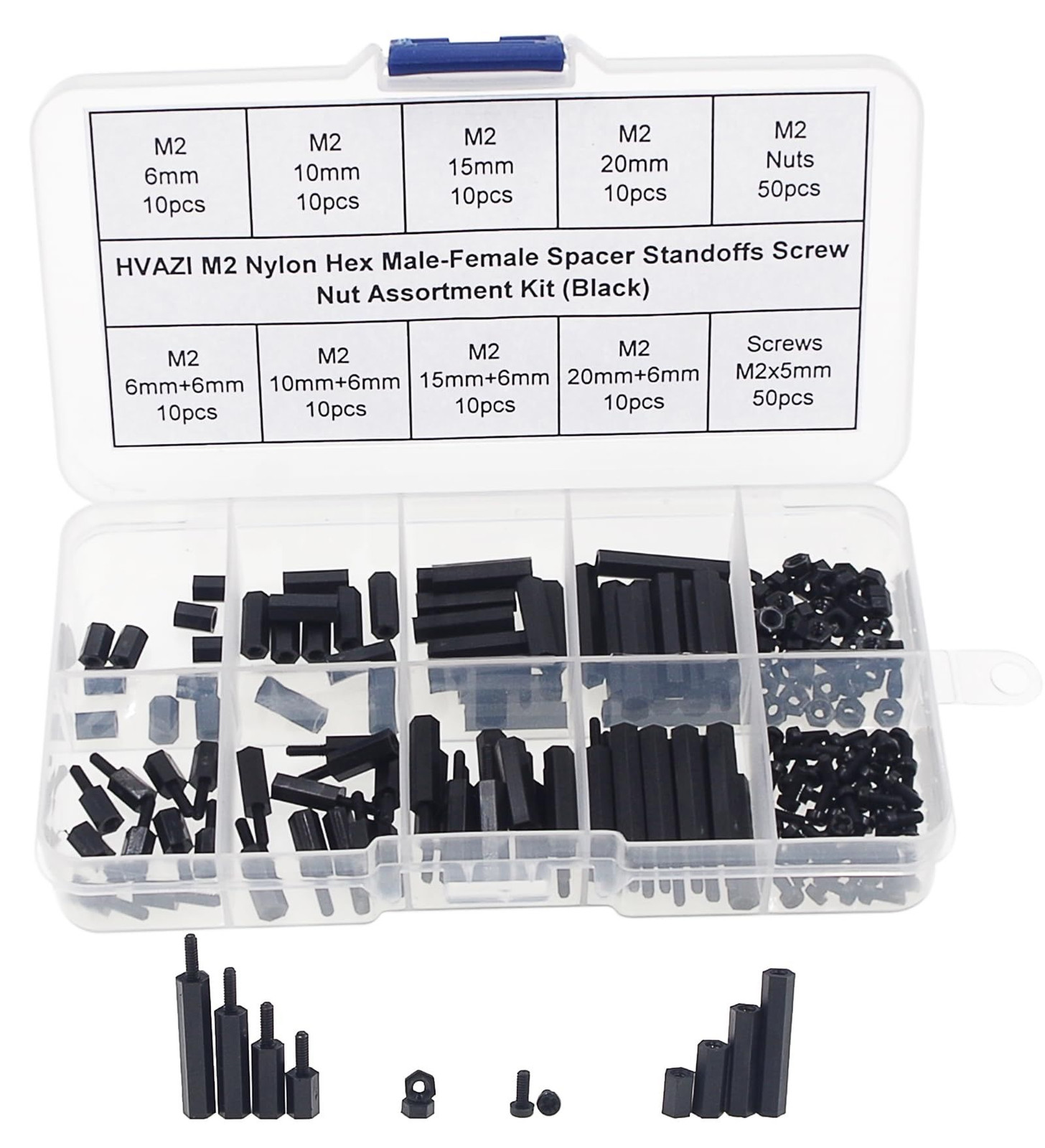 HVAZI M2 Nylon Hex Male-Female Spacer Standoffs Screw 180PCS/M2 Black, Black