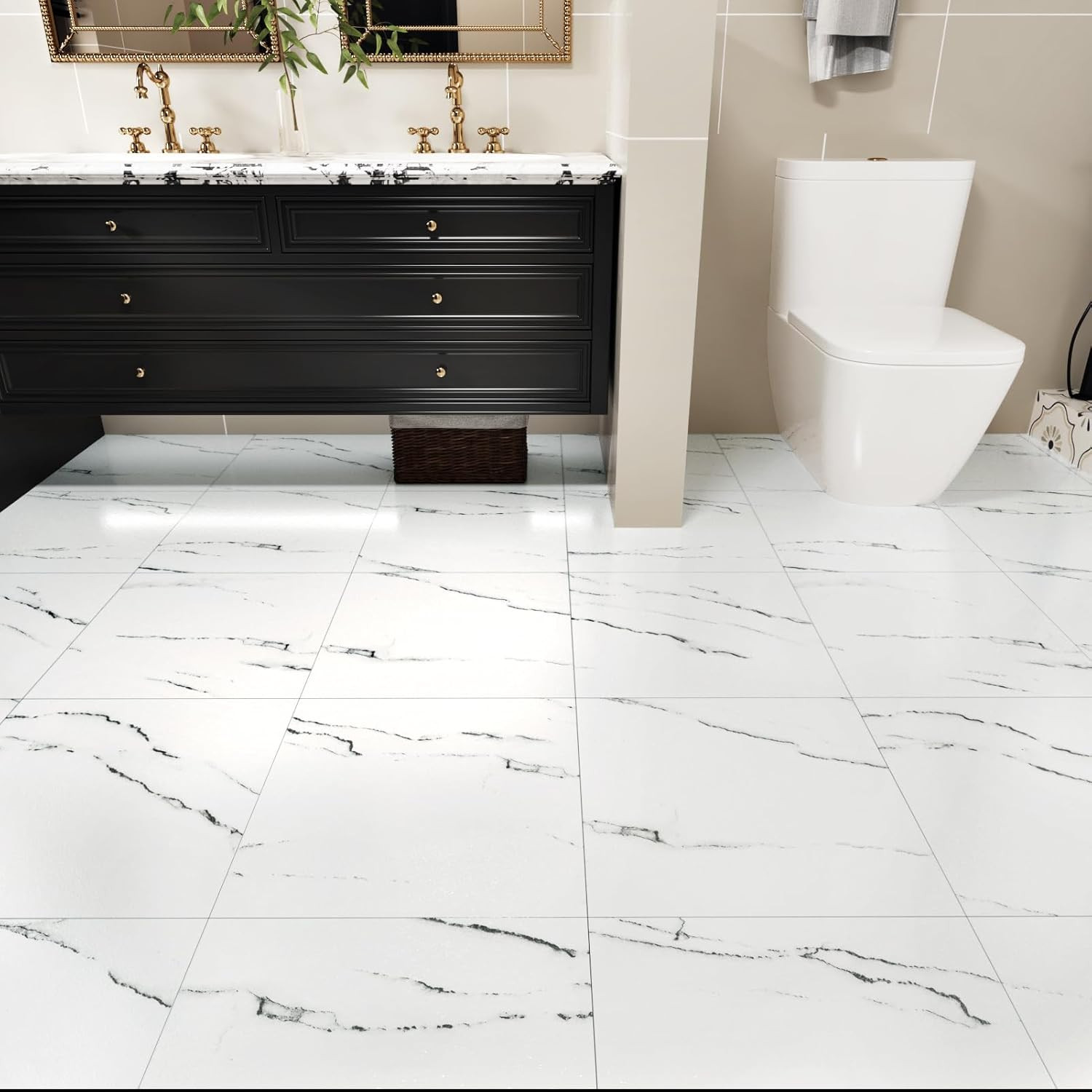 White Marble Peel and Stick Floor Tile Bathroom Waterproof Marble Flooring Tiles