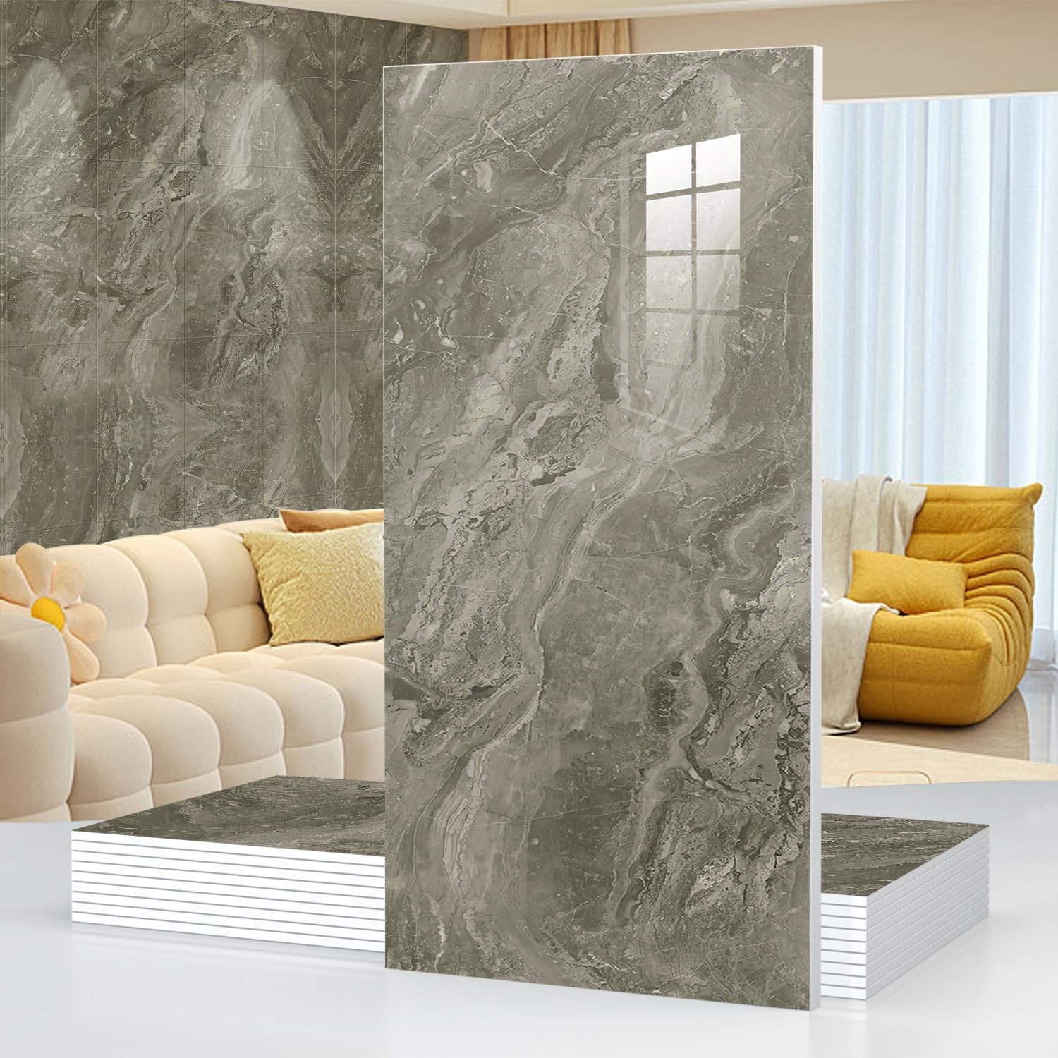 10pcs Marble Peel and Stick 23.6″ x 11.8″ x 2.5MM x 10Pack, Gray Tiles