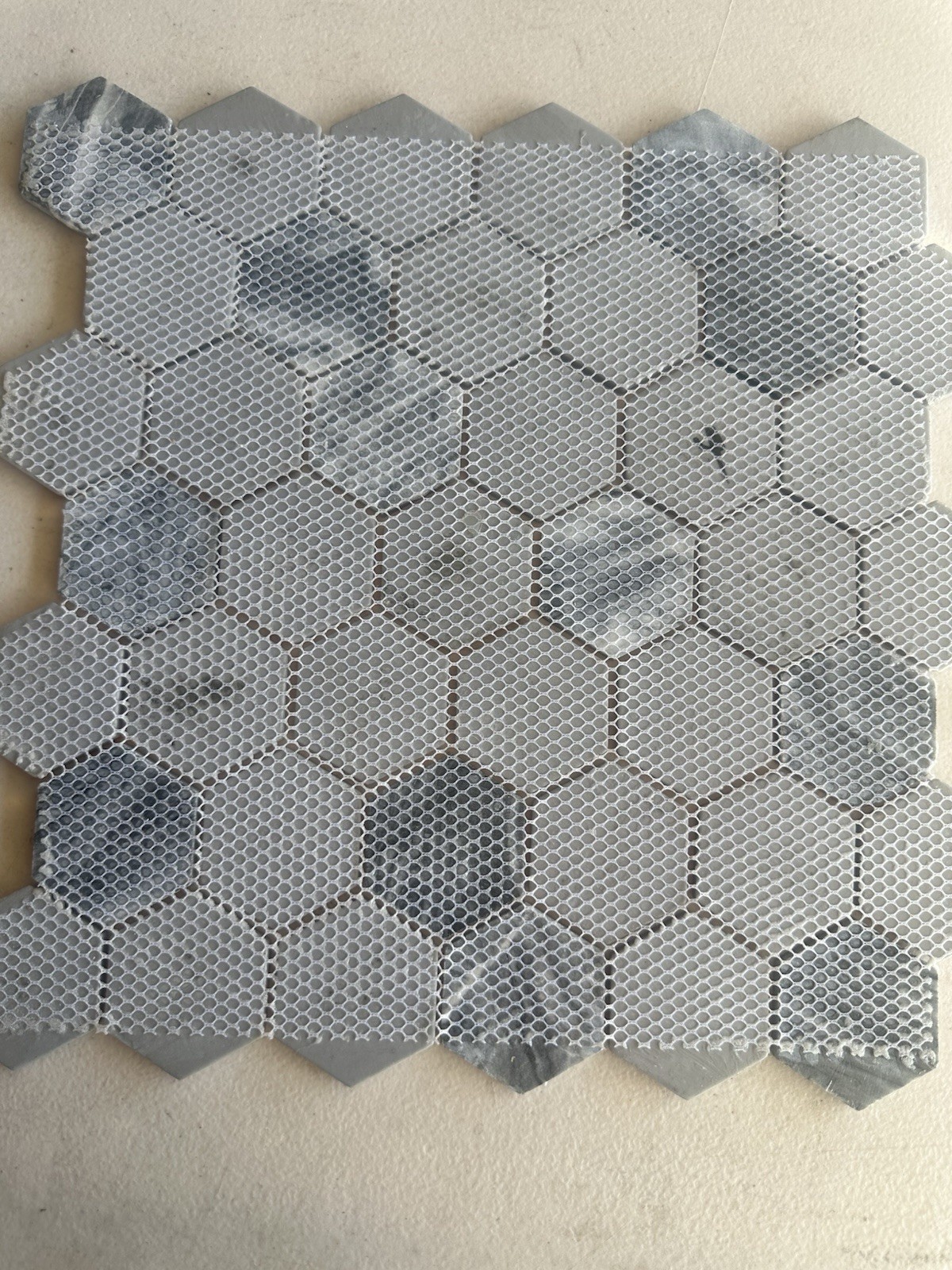 Grey Marble And Glass Hex Mixed Glossy, Matte And Textured Finish 12×12 Inch