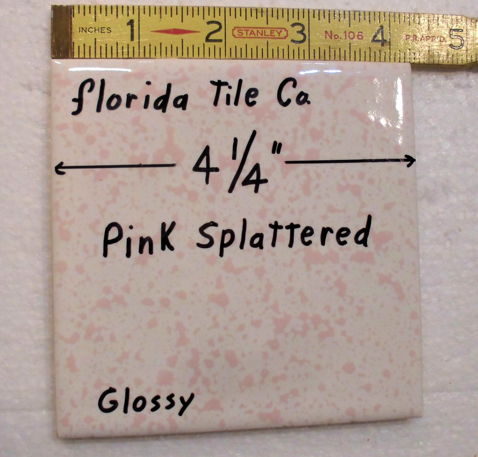 1 pc. “Pink Splattered” 4-1/4″ Glossy Ceramic Tile: Florida Co. Pink on White