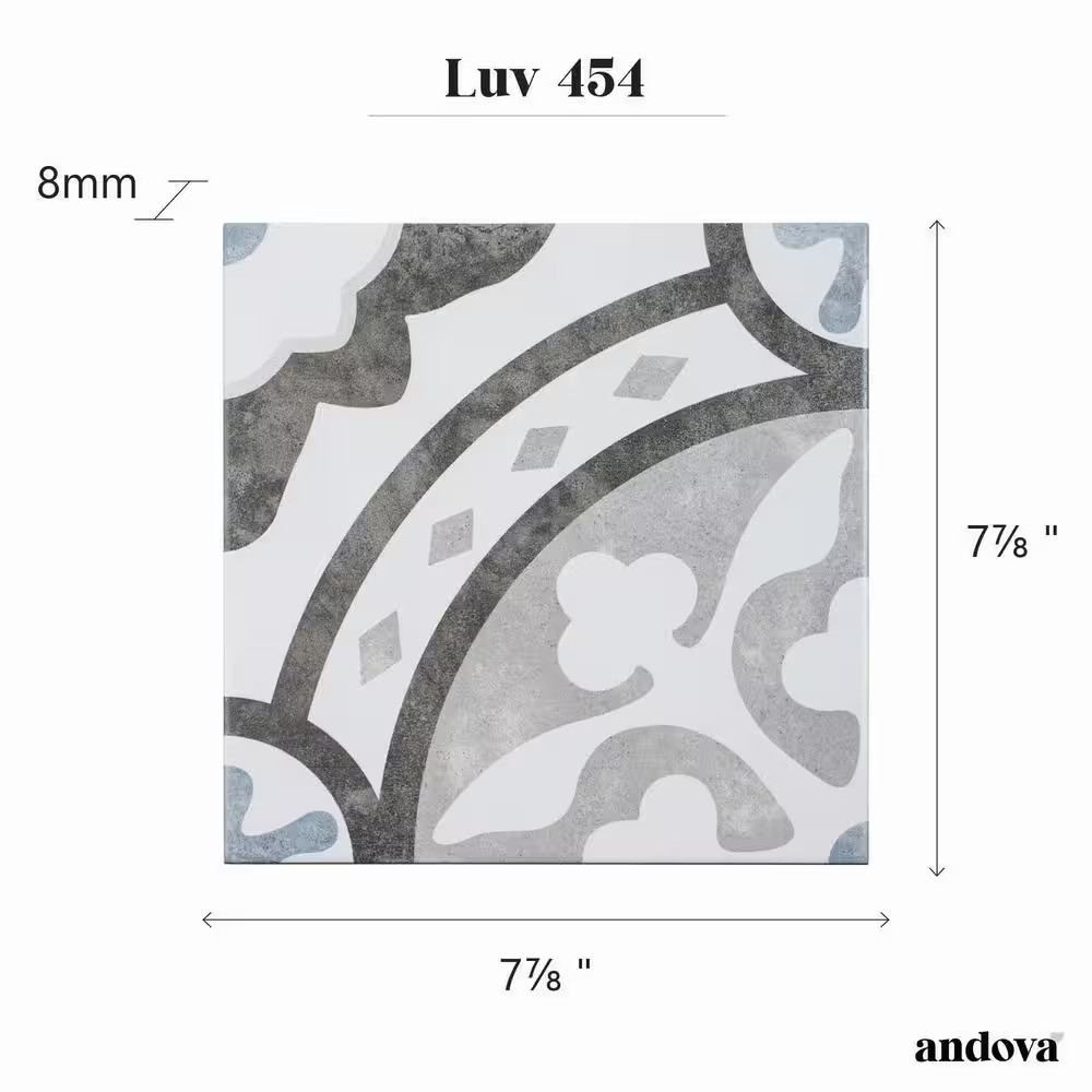 Luv Amore Grey 8 In. Encaustic Spanish/Moroccan Patterned Matte Porcelain Wall a
