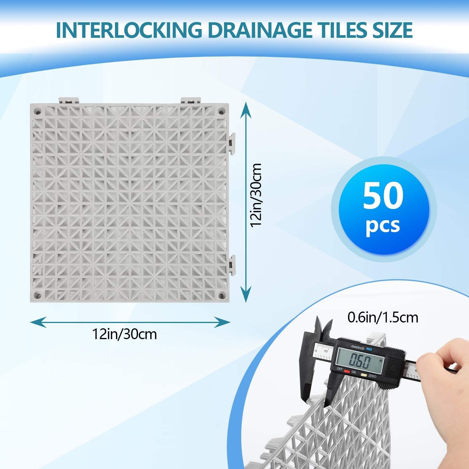 50 Pack Non-Slip Interlocking Drainage Floor Tiles 12″x12″ for Bathroom, Patio,