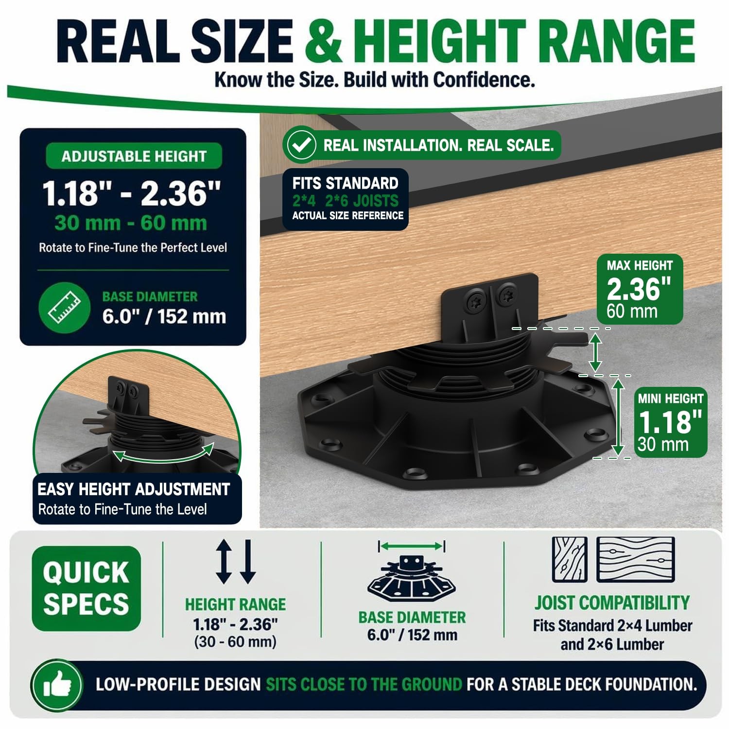 24Pack Adjustable Deck Support Pedestals, 1.18″–2.36″ 30–60 mm, for 2×4 & 2×6…