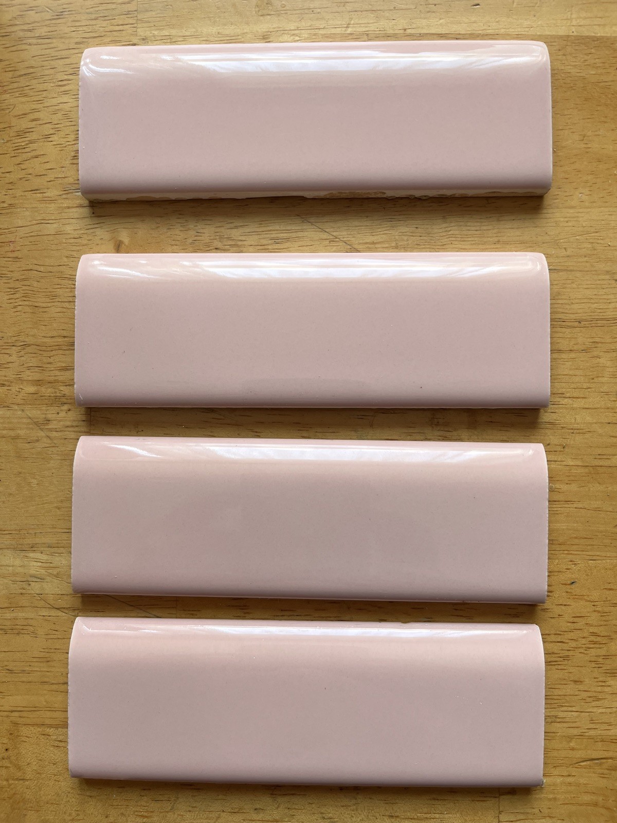 4 Reclaimed Stylon Venetian Pink 2″ X 6” Bullnose Vintage Ceramic Tile