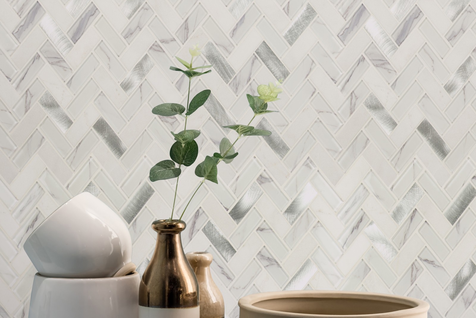 Ackland AKM-SGM-1X3HBX-CA 12″ x 12″ Glass and Metal and Stone – White Etherea