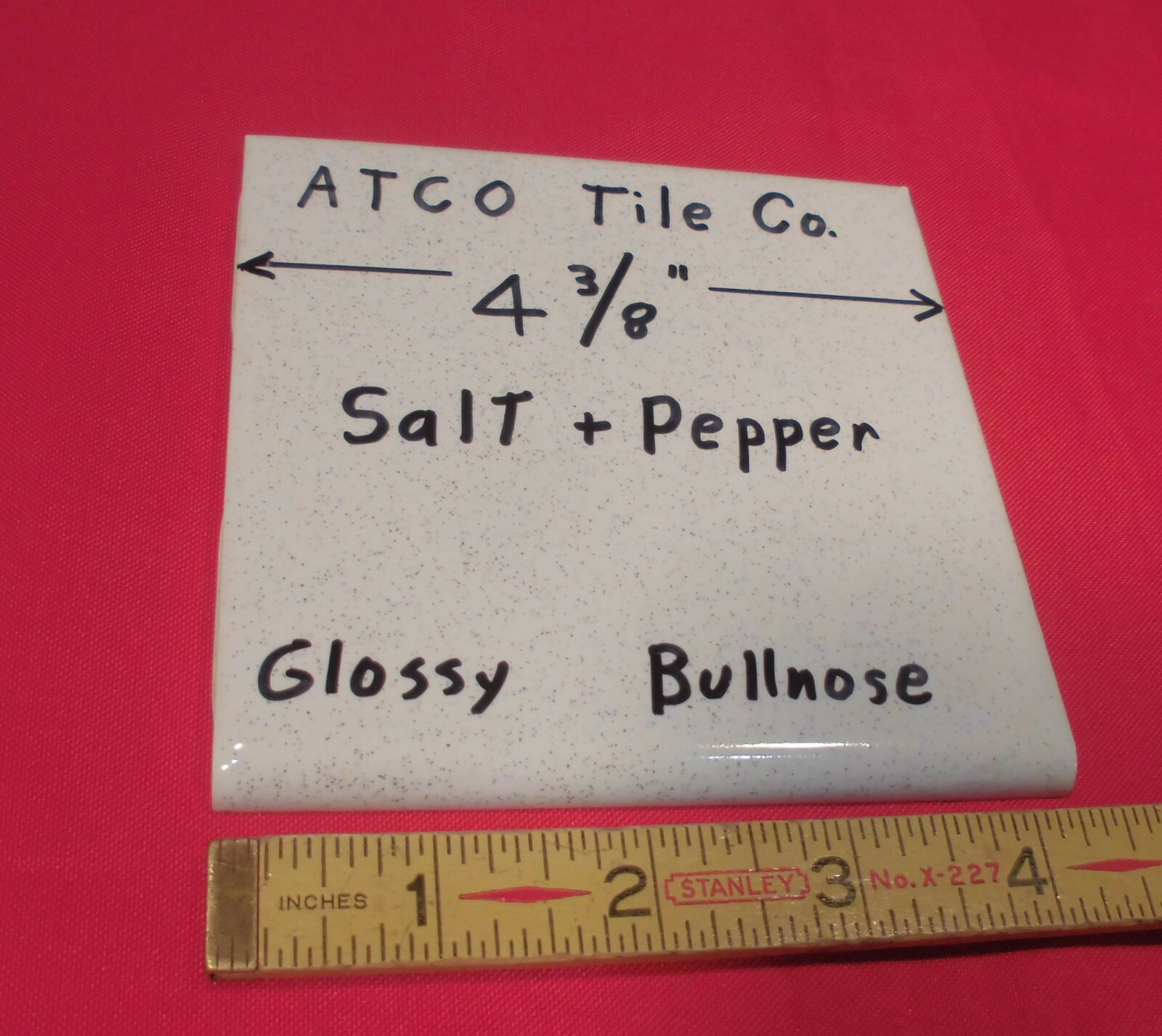 1 pc. Vintage 4-3/8″ *Salt & Pepper* Glossy Ceramic Bullnose Tile by ATCO NOS