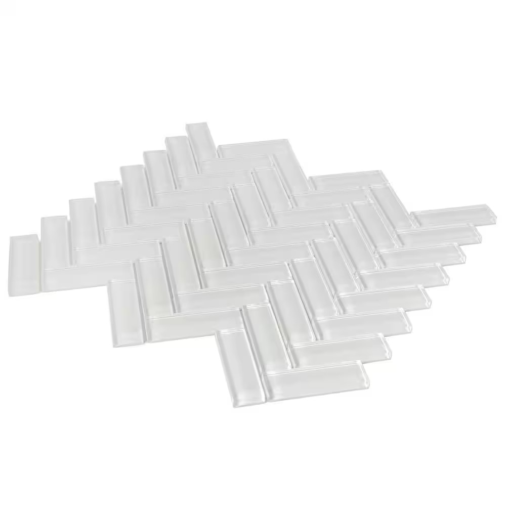 Ice White 11 In. X 12.6 In. Herringbone Polished Glass Mosaic Tile (4.81 Sq. Ft.