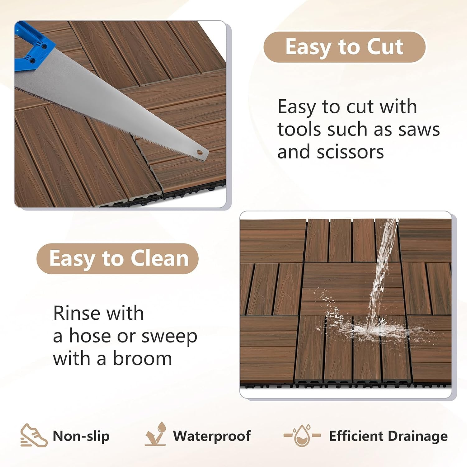 Teak Brown Interlocking 12×12 Deck Tiles Waterproof All Weather Patio Flooring