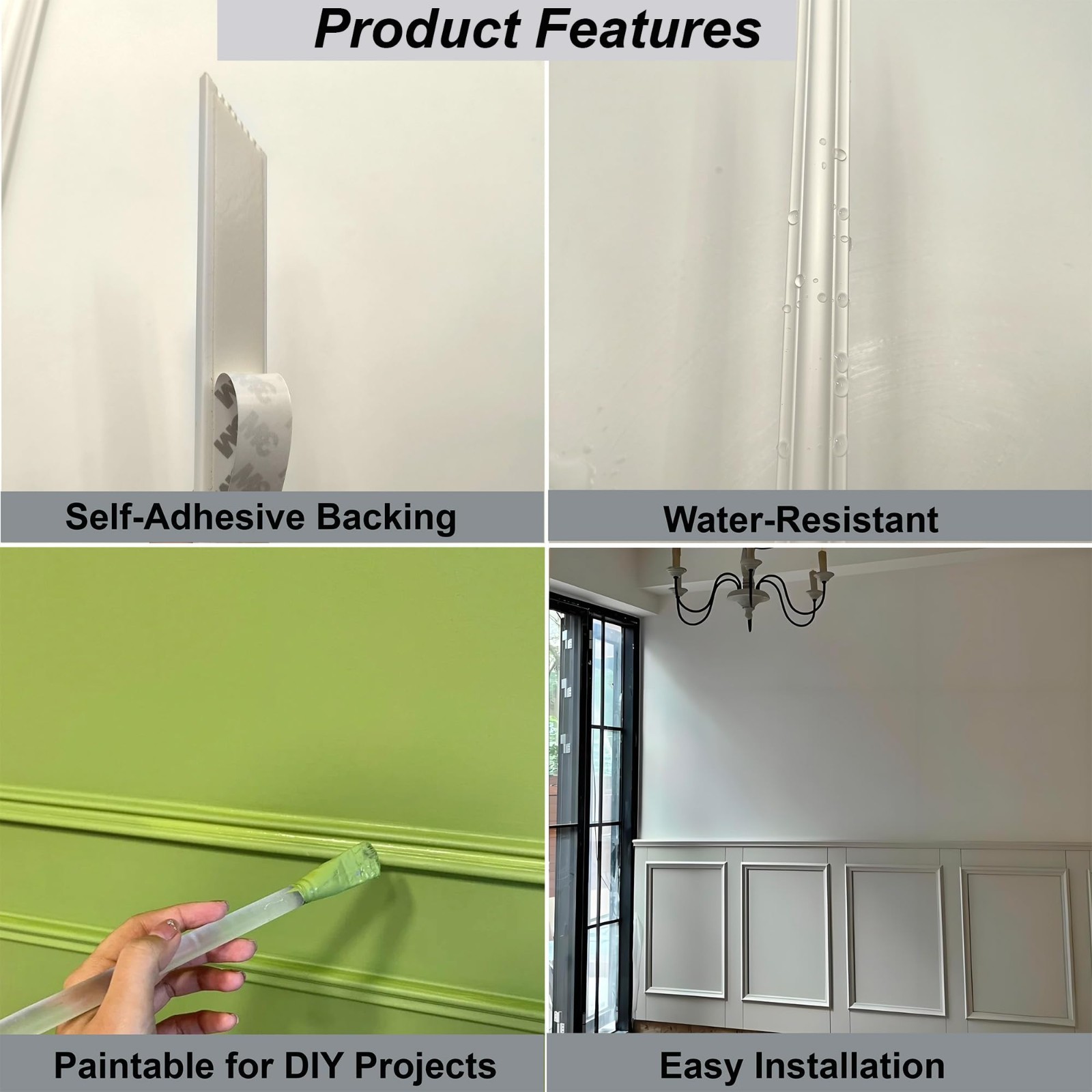 4 Set Peel & Stick Wall Molding Kit – Pre-Cut Mitered Trim for DIY Wainscoting,