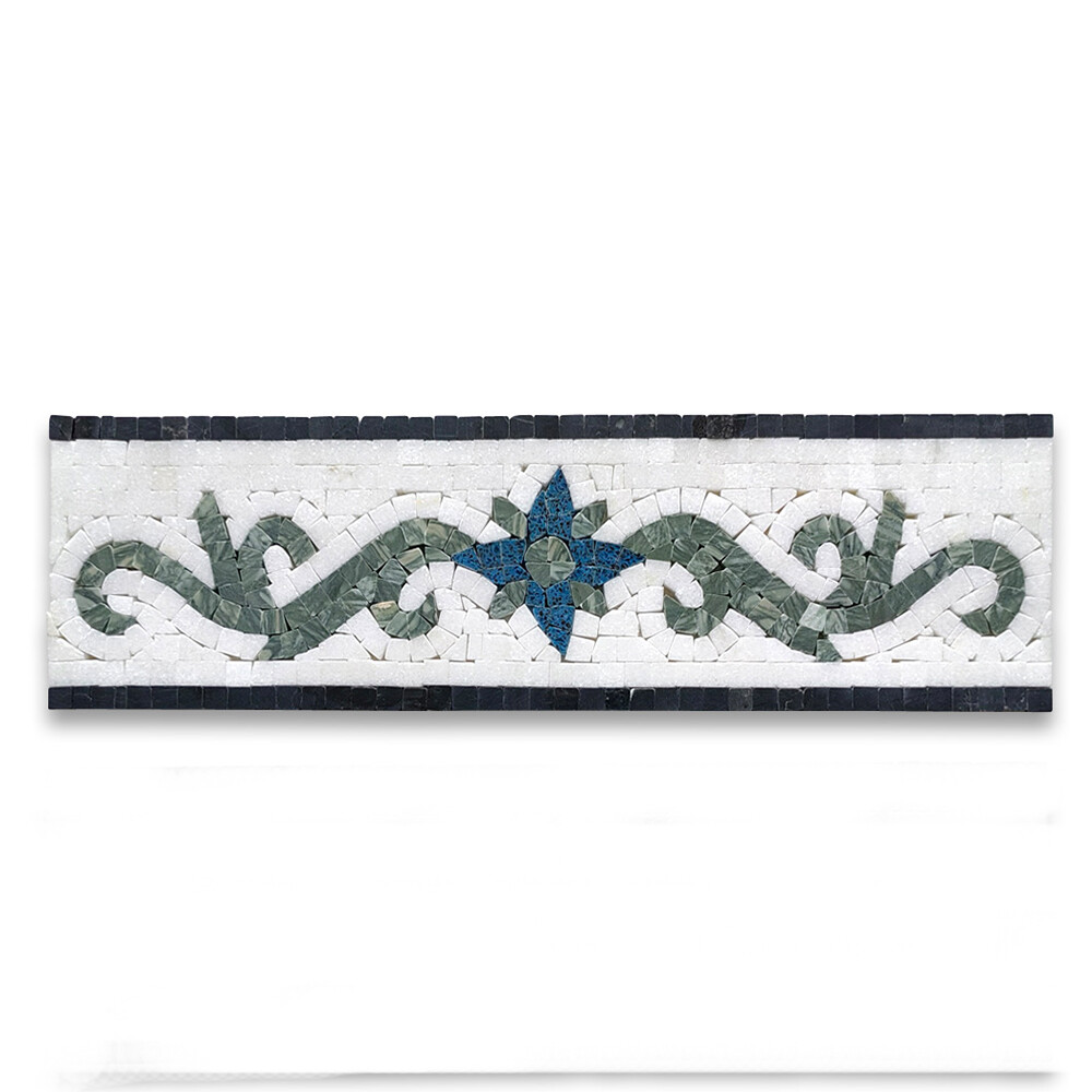 B0118P Elizabeth Emerald Sapphire Marble Mosaic Border Listello Tile Polished