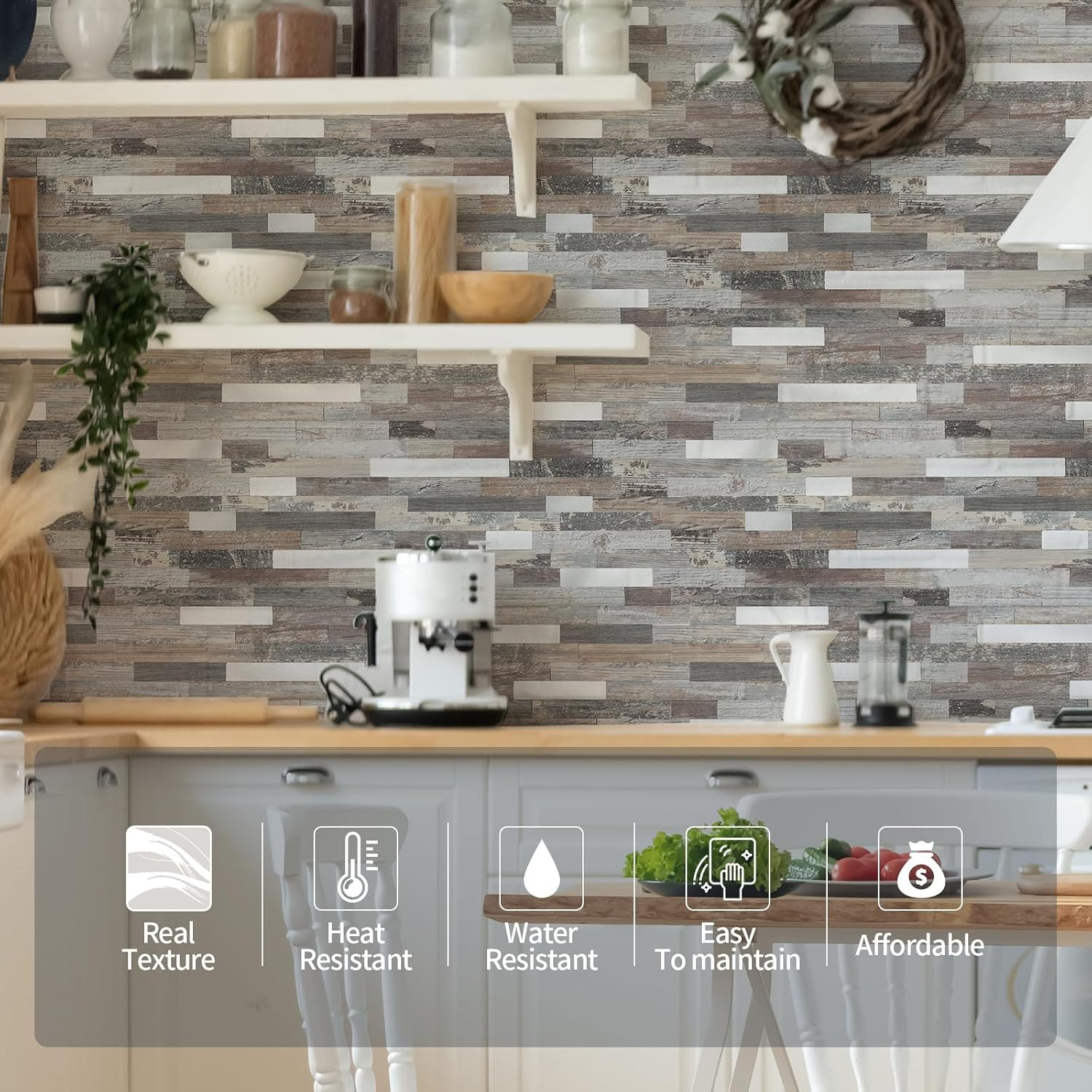 Peel and Stick Wood Metal Tile Backsplash, Stick on Tiles for Backsplash Kitchen