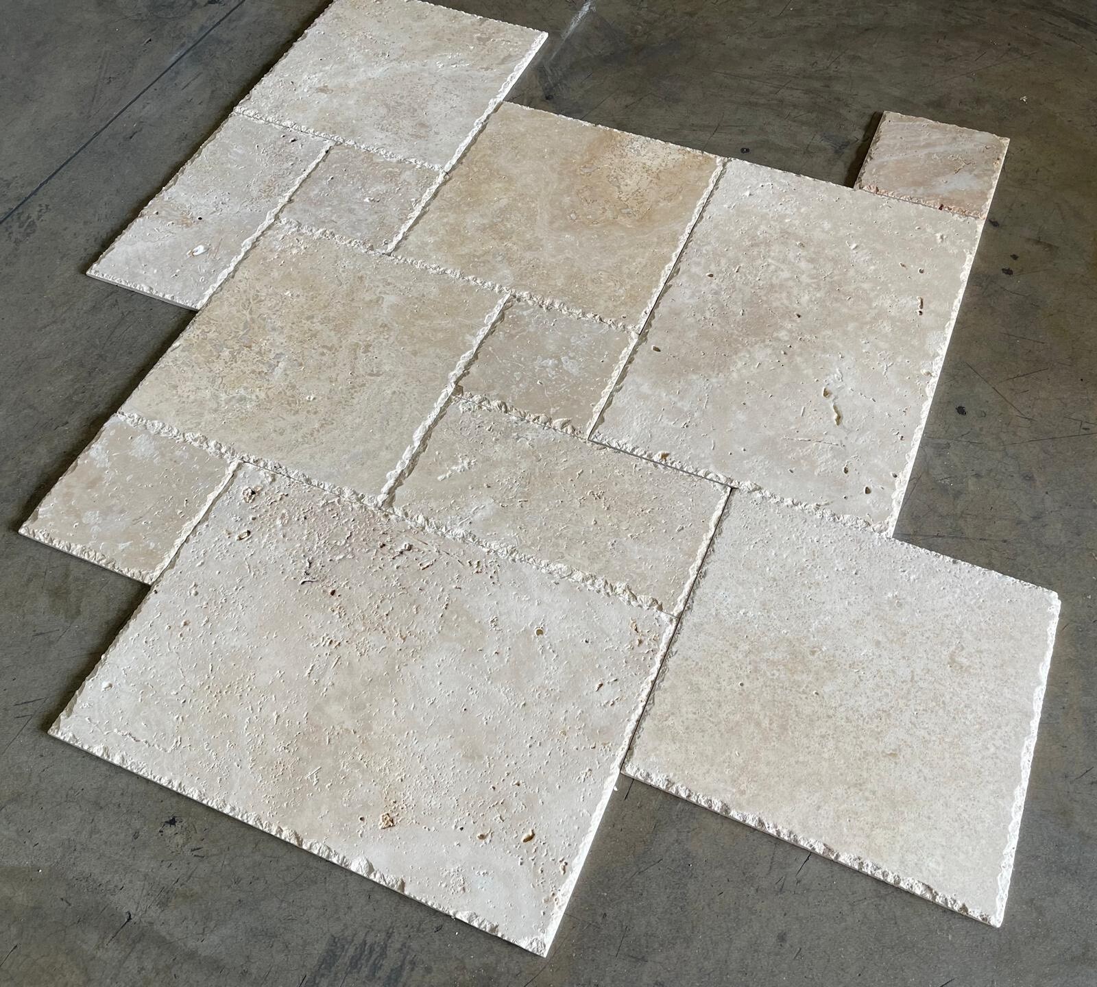 IVORY BLEND TRAVERTINE BRUSHED & CHISELED VERSAILLES FRENCH PATTERN TILES